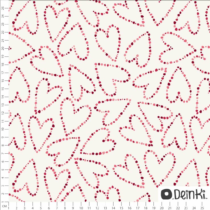 Bio Webware Stoff  -  Gepunktete Herzen  - Deinki, pink, weiß, rosa, Punkte, Herzen, 100% Bio-Baumwolle