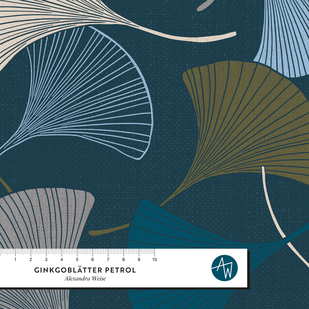 Organic Fabric - Ginkgo Leaves Petrol by Alexandra Weise in petrol