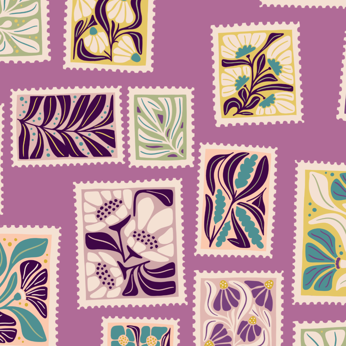 Organic fabric - Sonnenwende Briefmarken purple