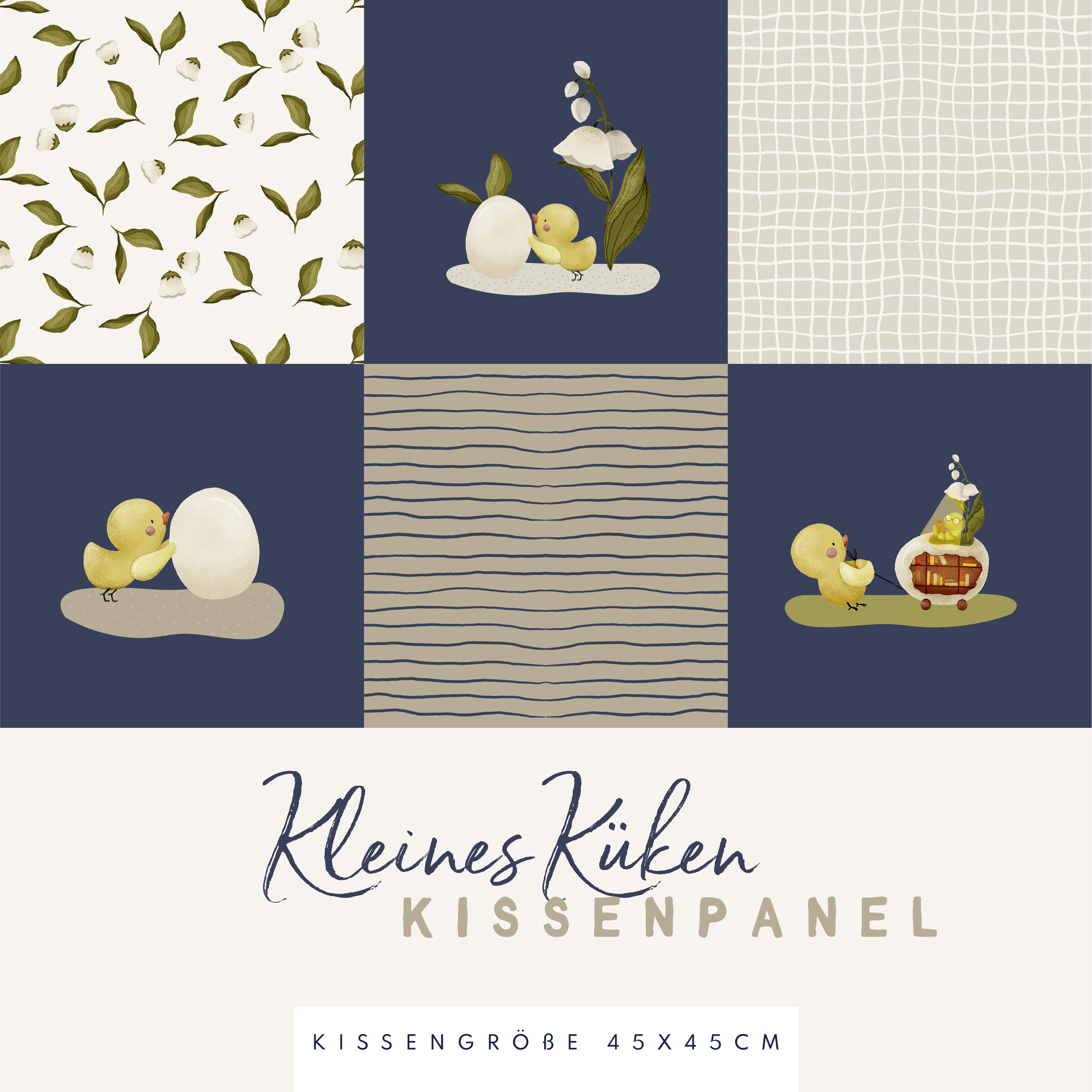 Bio Webware Stoff  -  Kleines Küken Kissenpanel  - DewiStudio, Tiere, Ostern, blau, 100% Bio-Baumwolle