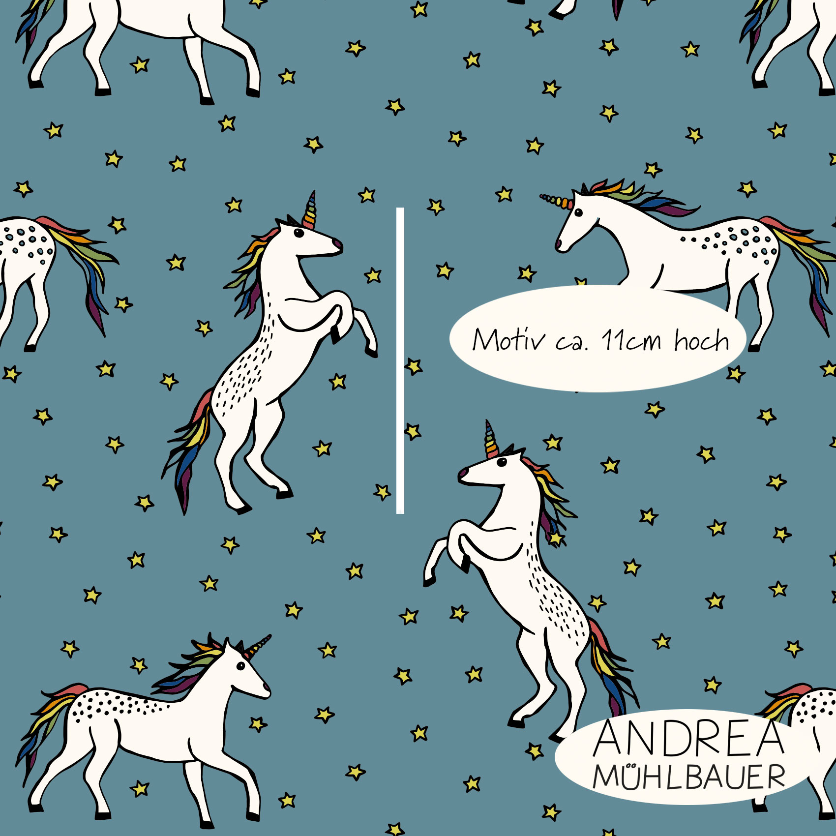 Bio Webware Stoff  -  Einhörner Middle Blue  - AndreaMuehlbauer, blau, Tiere, Fantasy, 100% Bio-Baumwolle