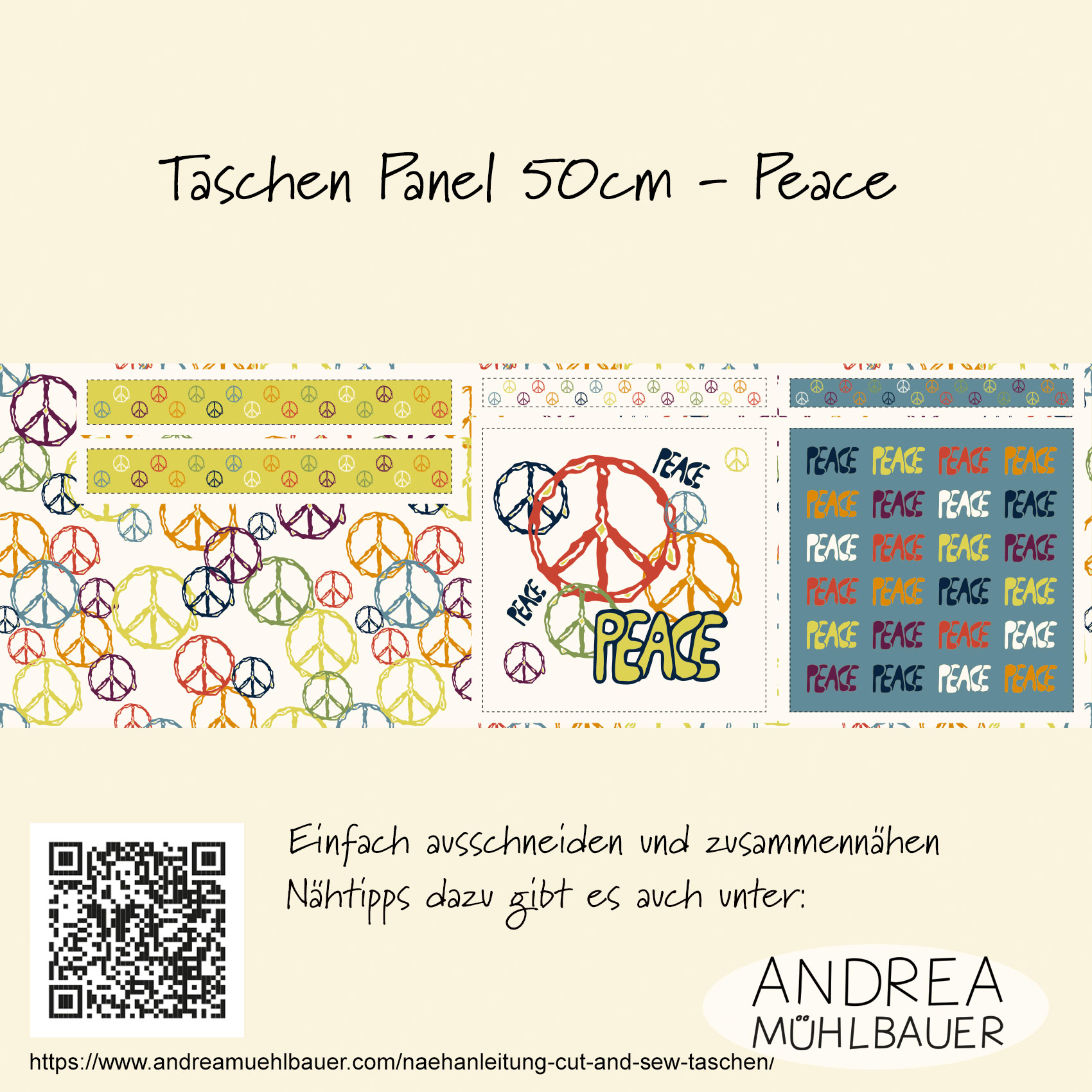 Bio Webware Stoff  - 50 cm Panel Peace Tasche - AndreaMuehlbauer, bunt, Schrift, 100% Bio-Baumwolle
