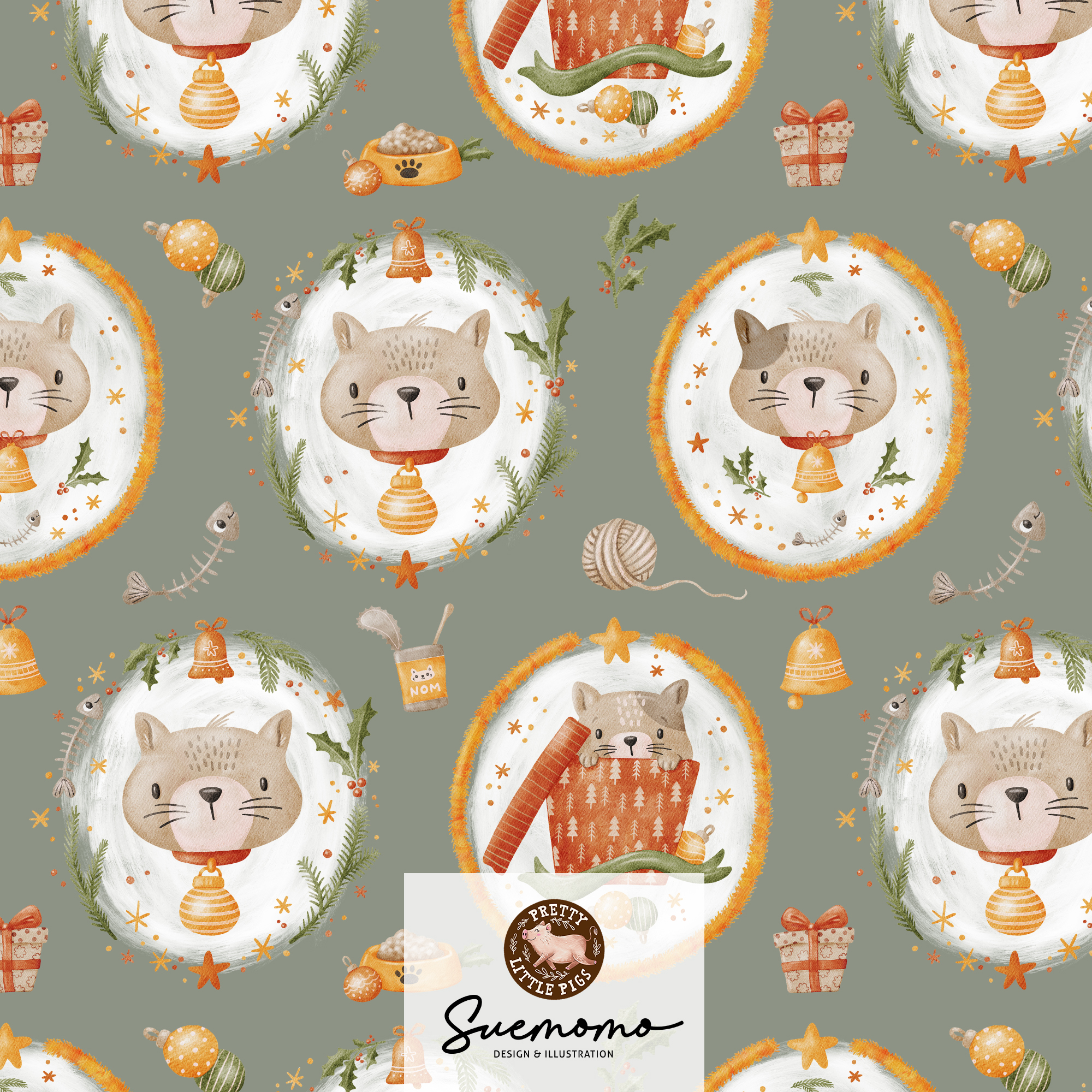 Bio Webware Stoff - Meowy Christmas Vignette Graugrün - PrettyLittlePigs, Tiere, grün, 100% Bio-Baumwolle Bio Webware Stoff - Meowy Christmas Vignette Graugrün - PrettyLittlePigs, Tiere, grün, 100% Bio-Baumwolle