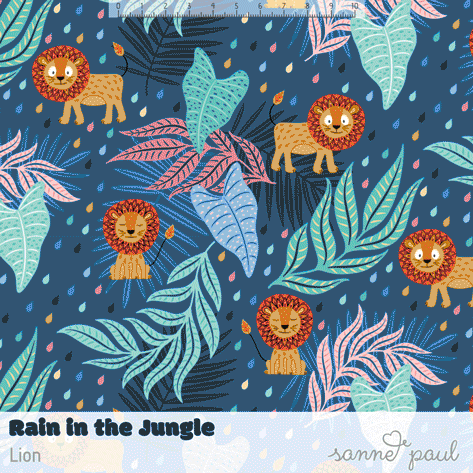 Organic Fabric - Rain In The Jungle Lion by Sanne Paul in blue