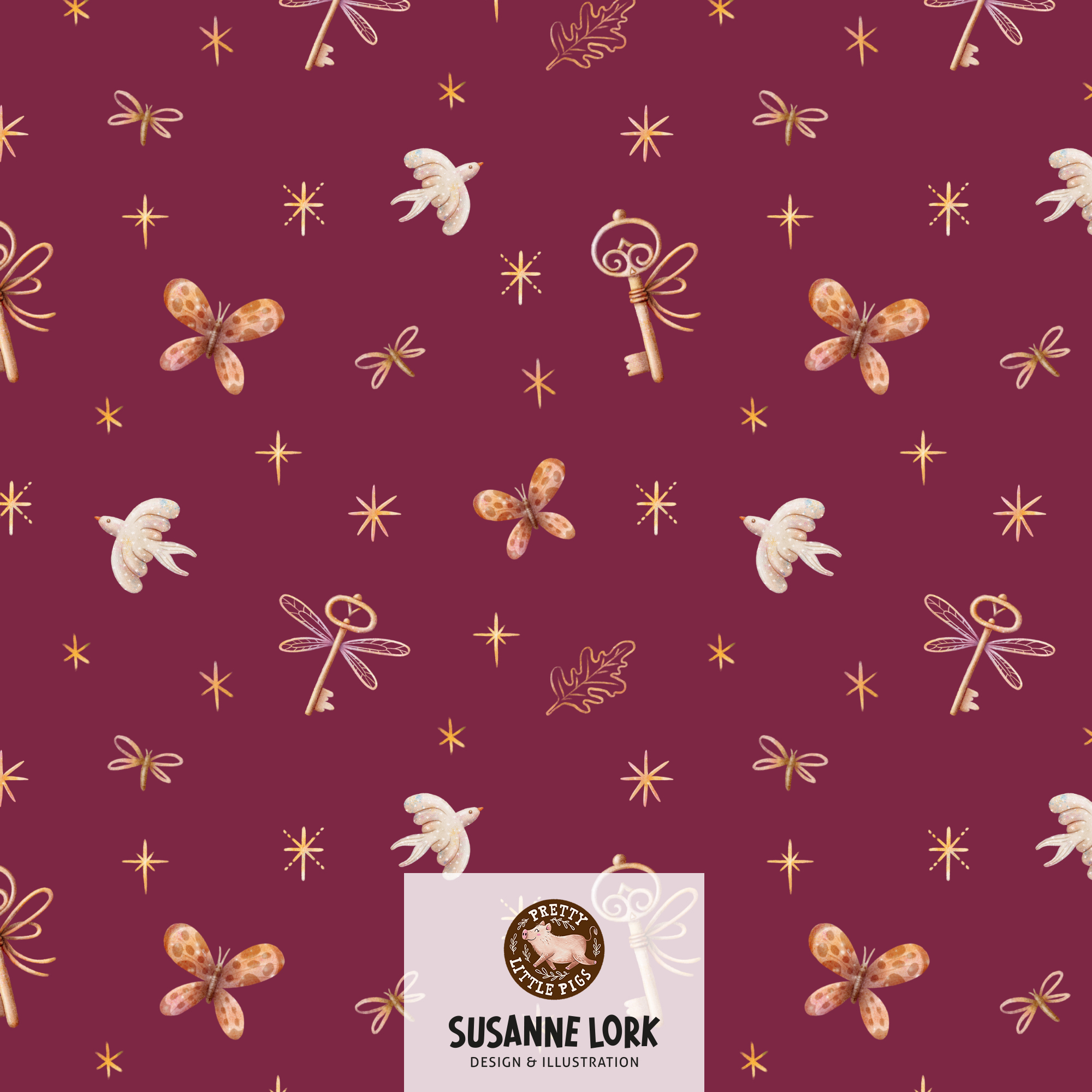 Organic Fabric - Magical Forest Keys Berry by Pretty Little Pigs in berry