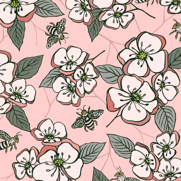 Bio Stoff  - Obstblüten Bienen rosa