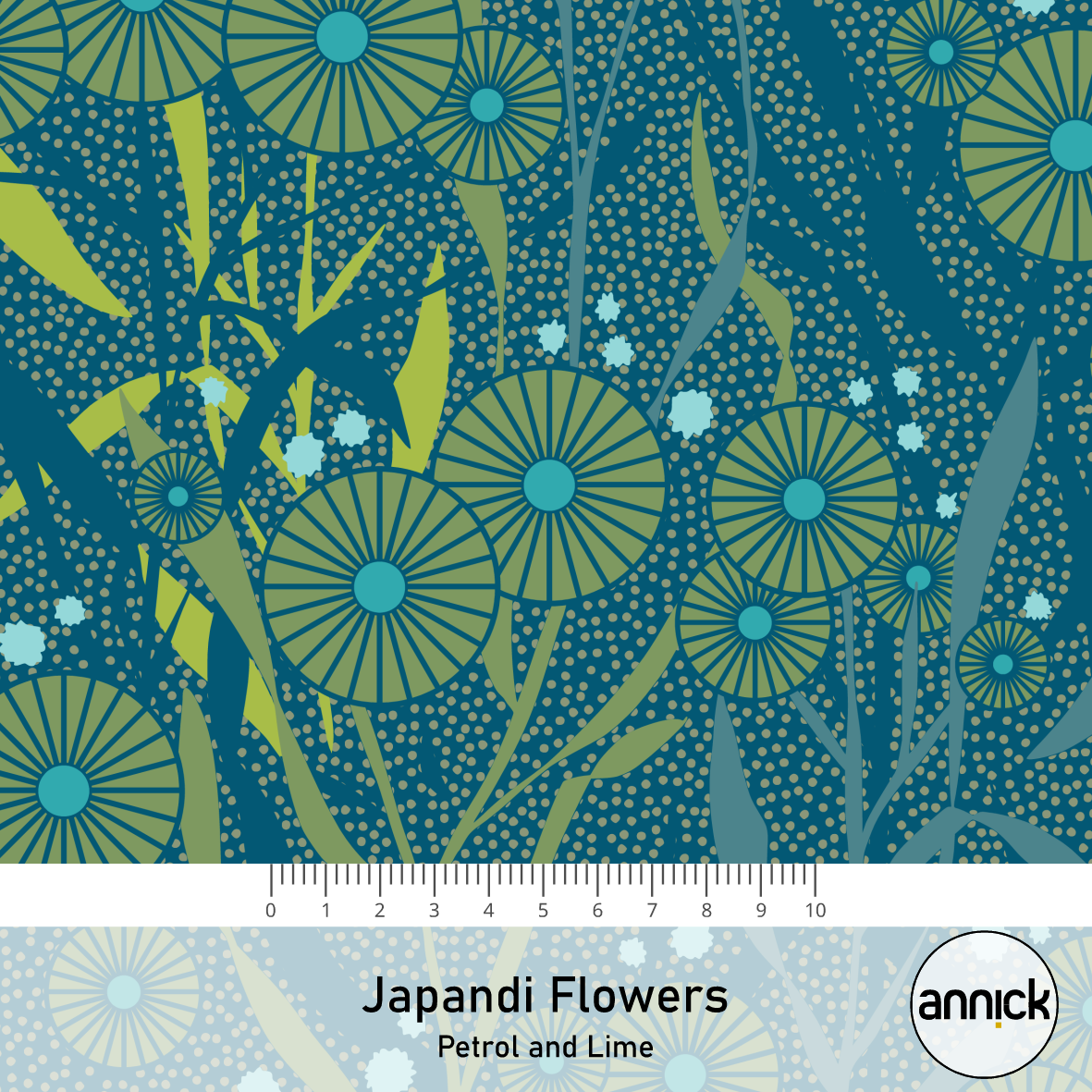 Bio Stoff - Japandi Flowers Petrol and Lime by Annick in blue
