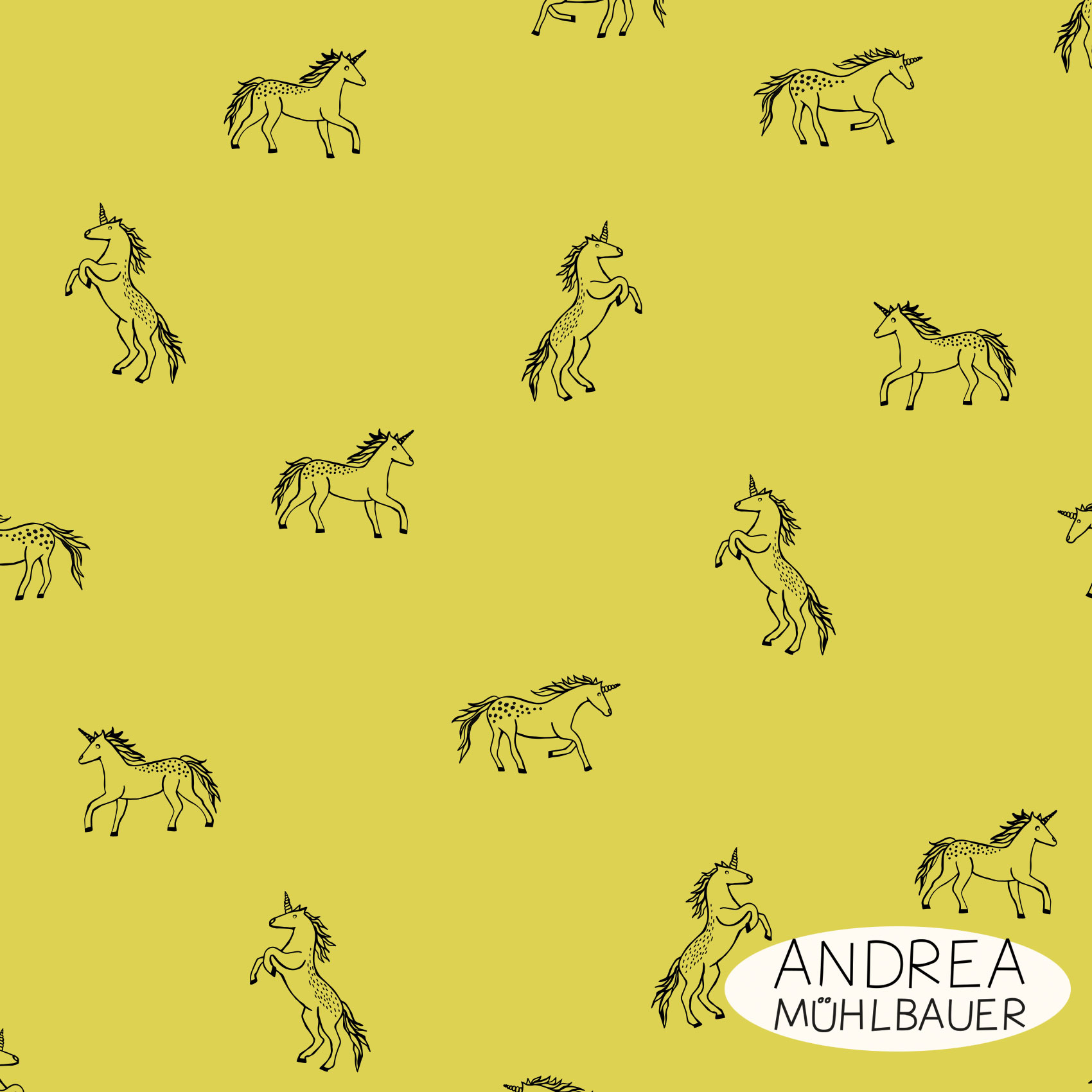 Bio Webware Stoff  -  Einhörner Outlines yellow  - AndreaMuehlbauer, Tiere, Fantasy, gelb, 100% Bio-Baumwolle