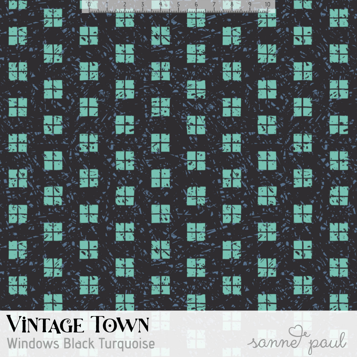 Bio Stoff  - Vintage Town Windows Black Turquiose - SannePaul, blau, Abstrakt