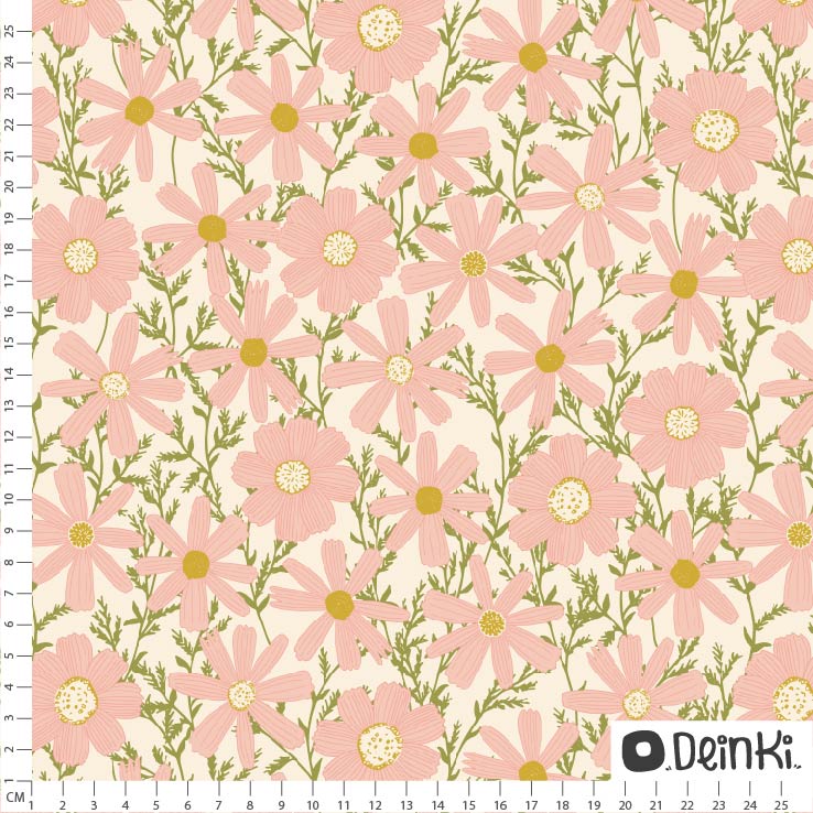 Bio Stoff  - Kosmeen Weiss Rosa - Deinki, creme, Floral & Blumen