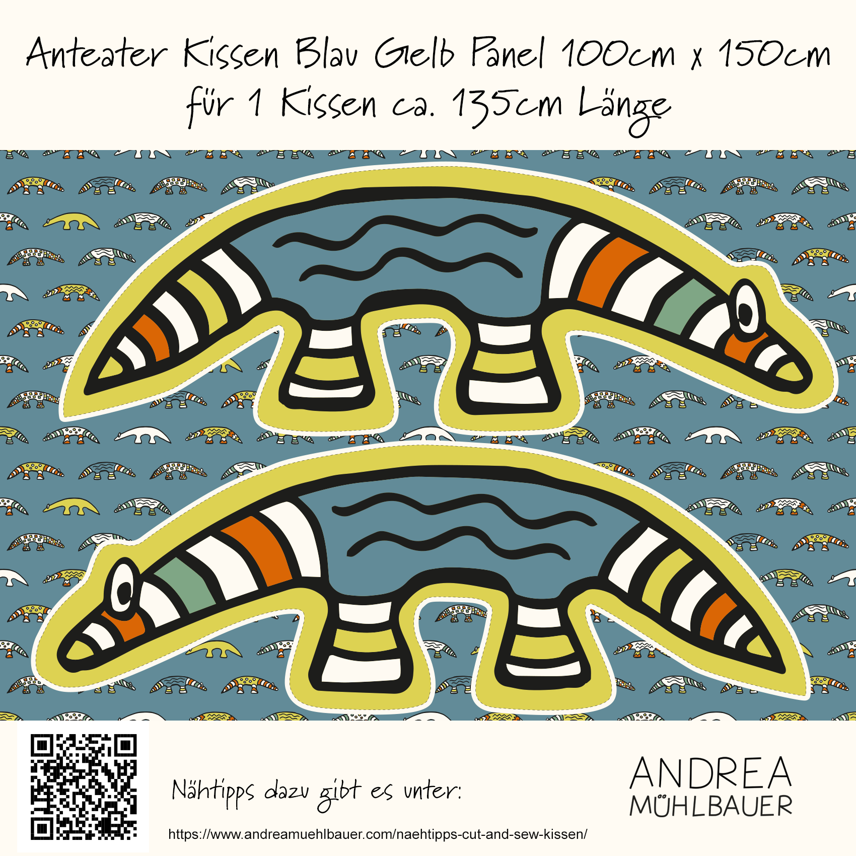 Bio Stoff  -  Anteater Kissen 1m Panel blau, gelb
