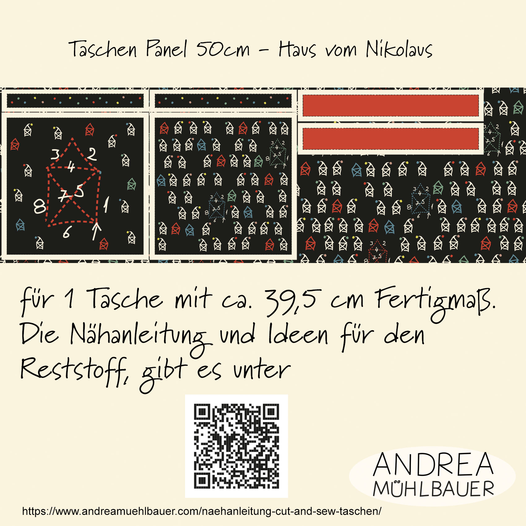 Bio Webware Stoff - 50 cm Panel Tasche Haus vom Nikolaus - AndreaMuehlbauer, Weihnachten, schwarz, 100% Bio-Baumwolle Bio Webware Stoff - 50 cm Panel Tasche Haus vom Nikolaus - AndreaMuehlbauer, Weihnachten, schwarz, 100% Bio-Baumwolle