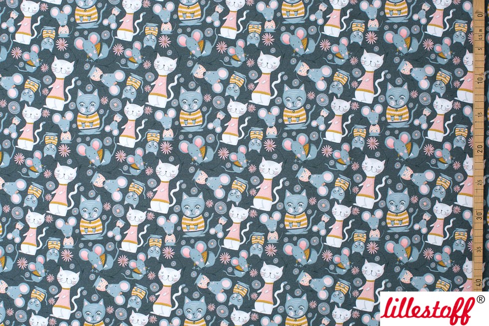 Bio Webware Stoff  -  Kitty  - LilleSelection, Tiere, blau, rosa, 100% Bio-Baumwolle