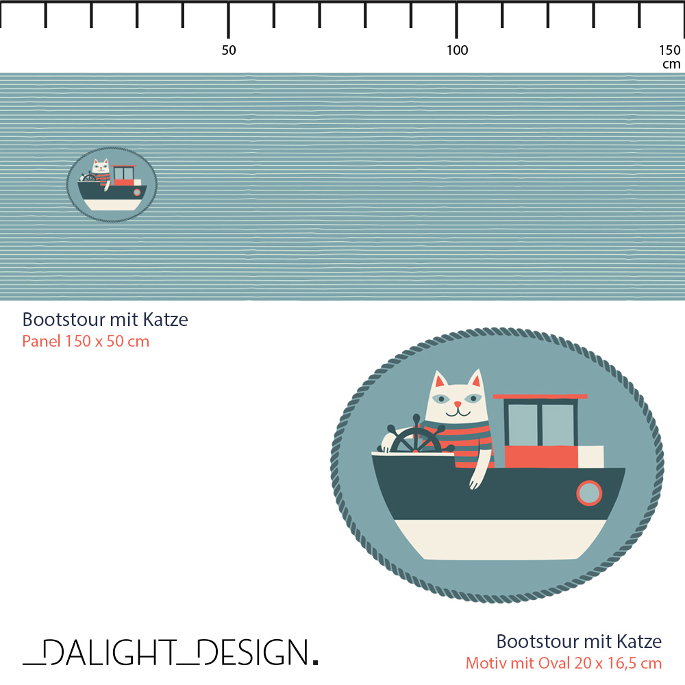 Bio Webware Stoff - 50 cm Panel Bootstour mit Katze - DalightDesign, blau, Maritim, Tiere 100% Bio-Baumwolle Bio Webware Stoff - 50 cm Panel Bootstour mit Katze - DalightDesign, blau, Maritim, Tiere 100% Bio-Baumwolle