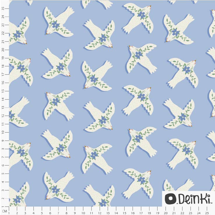 Bio Webware Stoff - Tauben und Blumen hellblau - Deinki, blau, Blumen, Tiere 100% Bio-Baumwolle Bio Webware Stoff - Tauben und Blumen hellblau - Deinki, blau, Blumen, Tiere 100% Bio-Baumwolle