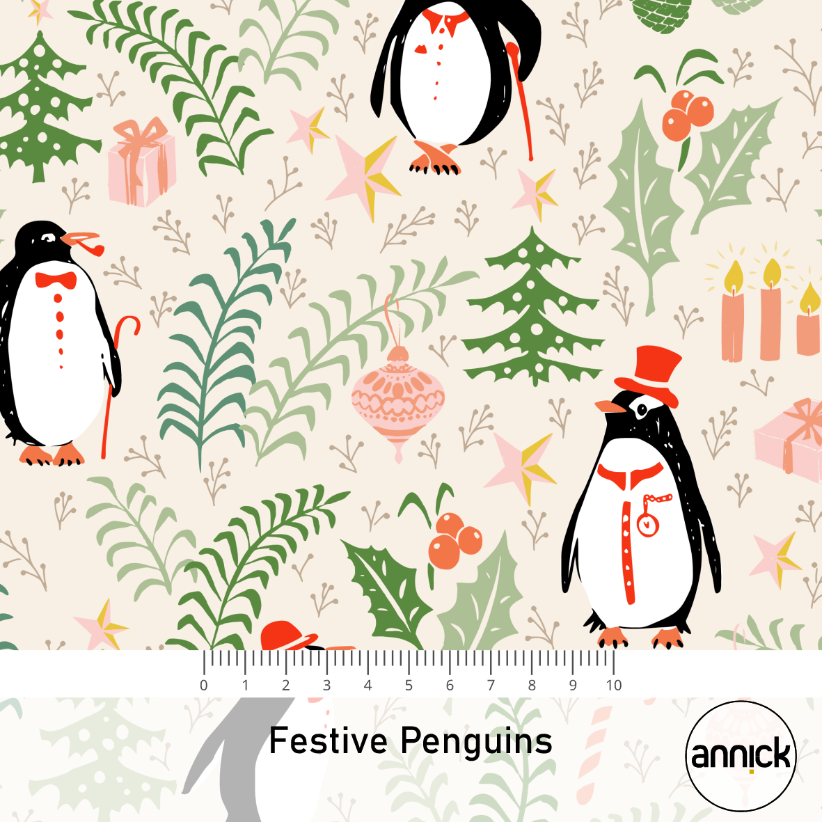 Bio Fabric - Festive Penguins beige