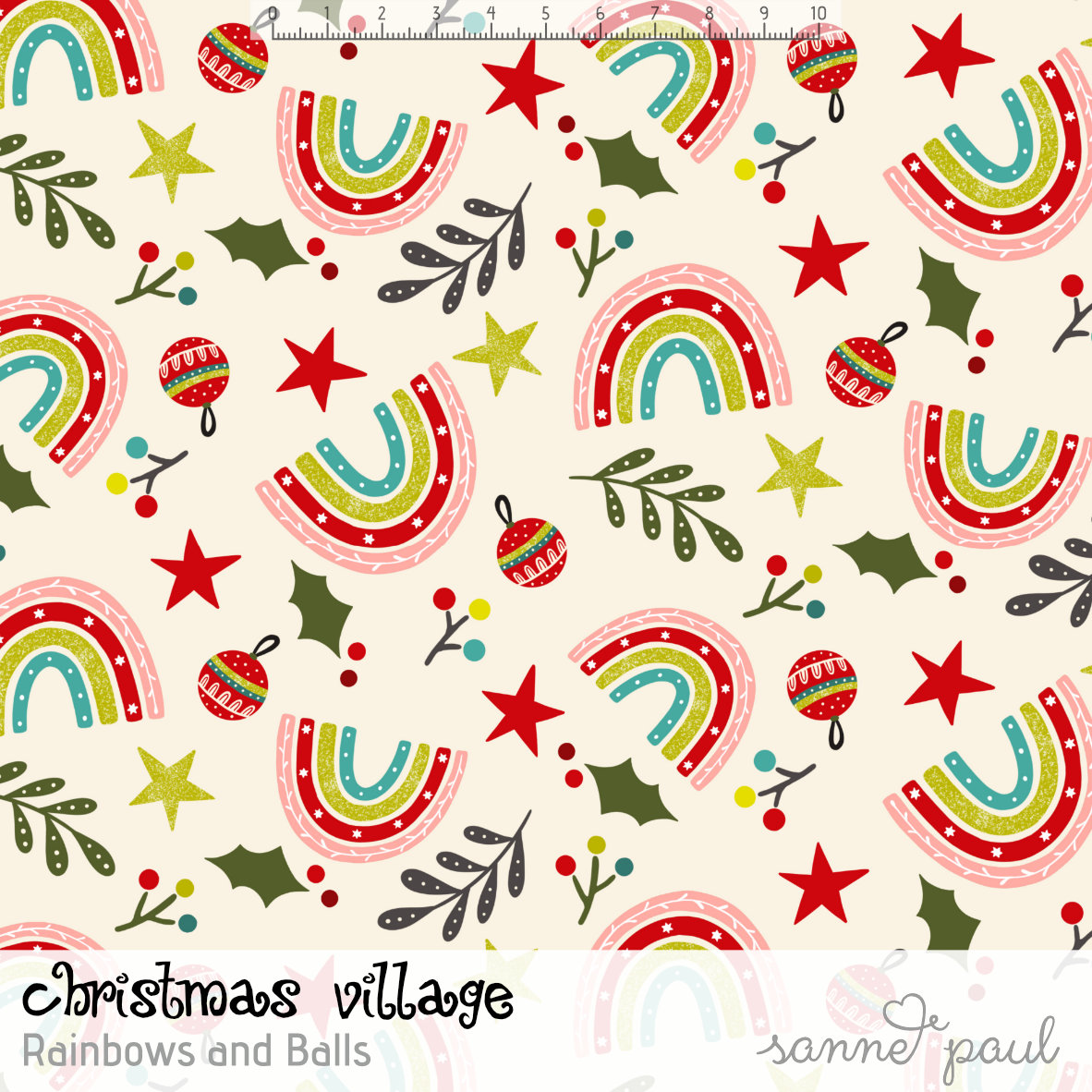 Bio Stoff  - Christmas Village Rainbows and Balls - SannePaul, Winter, Weihnachten, creme