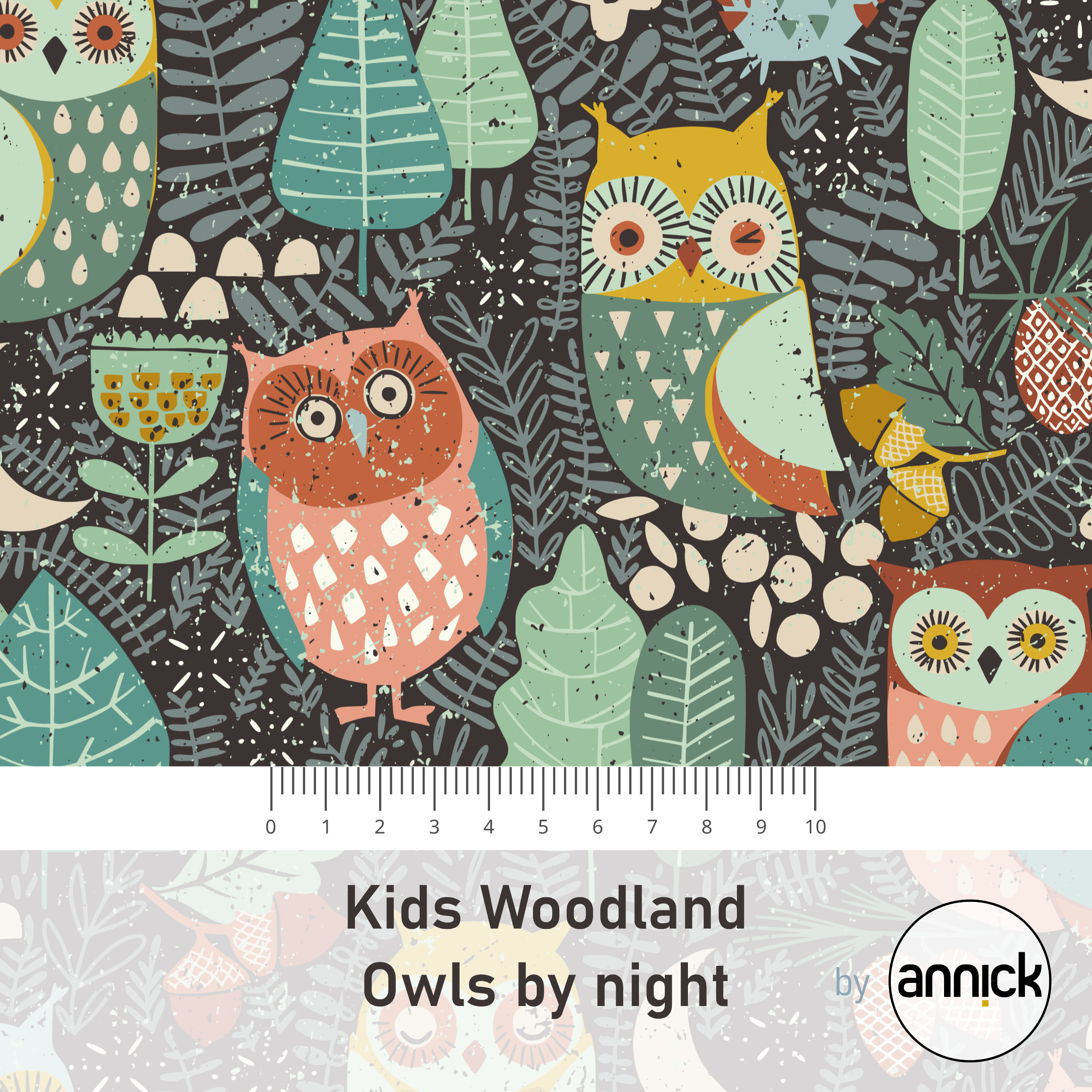 Bio Webware Stoff - Kids Woodland Owls by Night - Annick, bunt, Tiere, schwarz, 100% Bio-Baumwolle Bio Webware Stoff - Kids Woodland Owls by Night - Annick, bunt, Tiere, schwarz, 100% Bio-Baumwolle