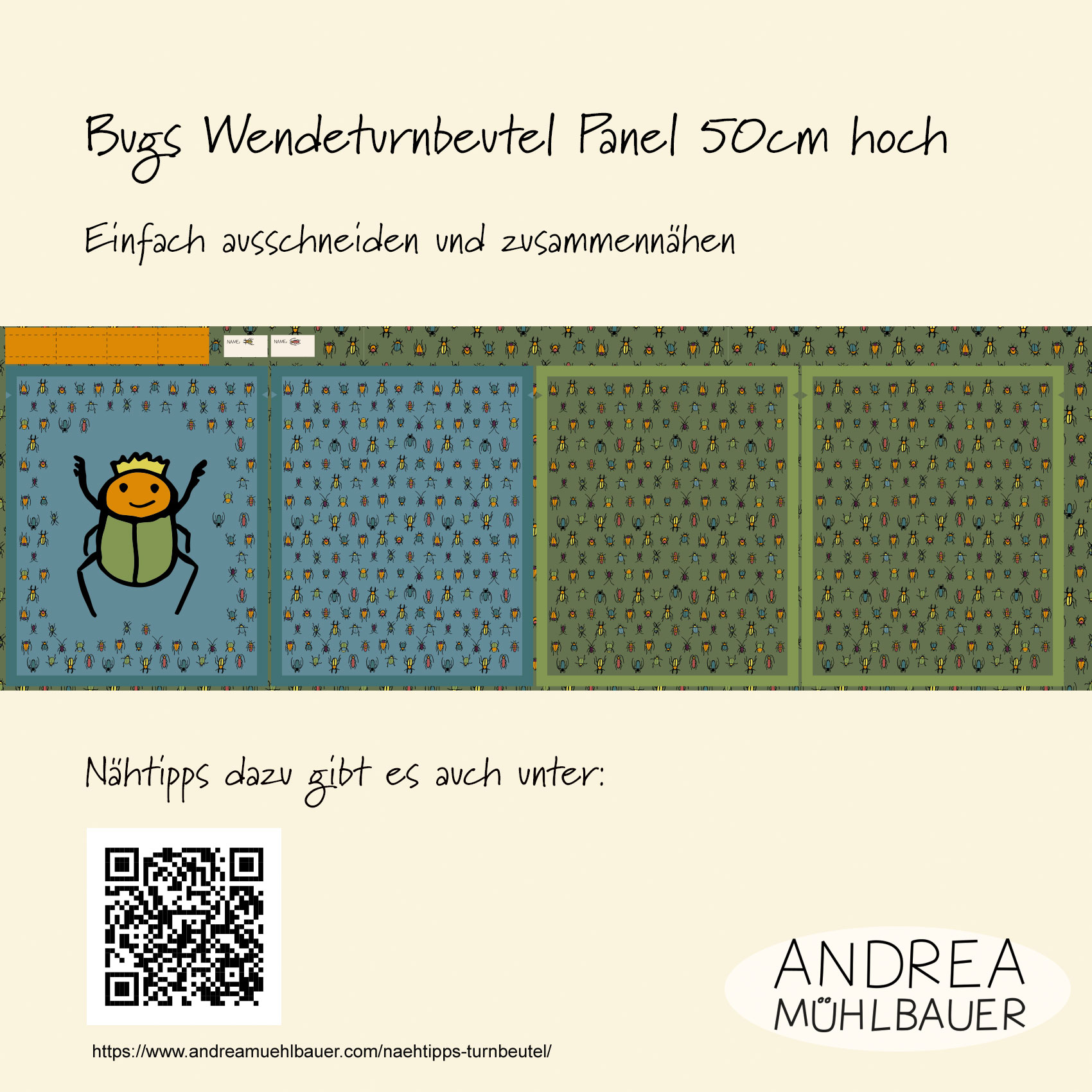 Bio Webware Stoff  -  50 cm Panel Bugs Wendeturnbeutel  - AndreaMuehlbauer, grün, Tiere, Cut & Sew, 100% Bio-Baumwolle