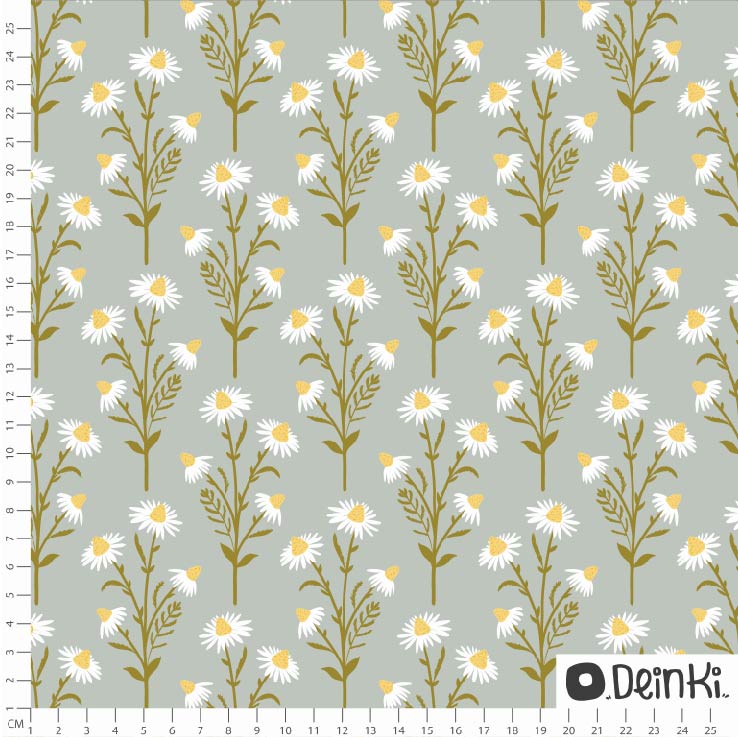 Bio Stoff  - Kamillenblüten Lindgrün Weiss - Deinki, grün, Floral & Blumen, Frühling