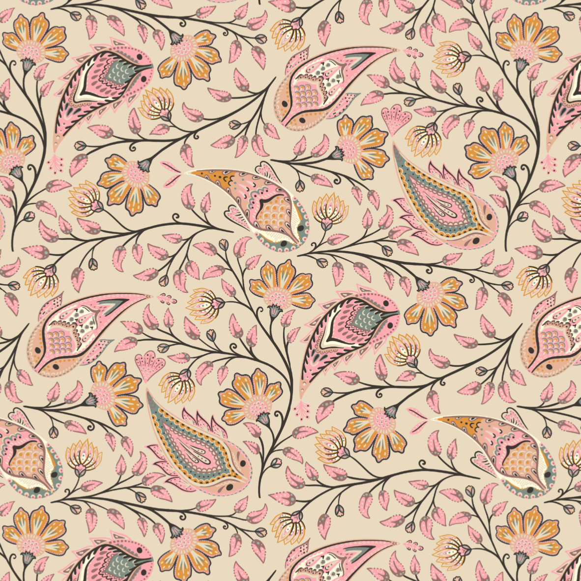 Organic Fabric  - Paisley Garden Fish pink