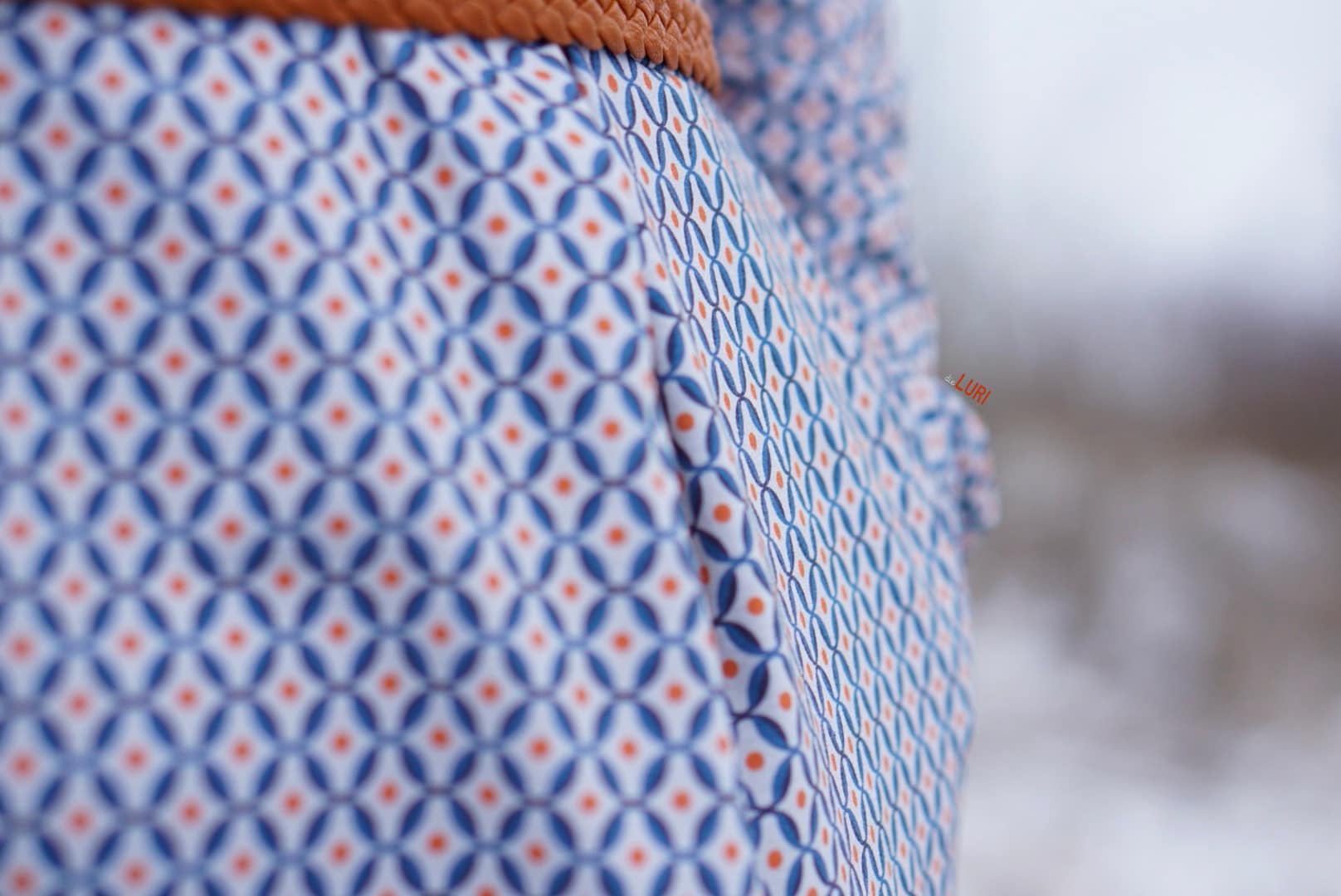 Bio Webware Stoff  -  Musterei  - LisaSanders, blau, Ornamente, orange, 100% Bio-Baumwolle