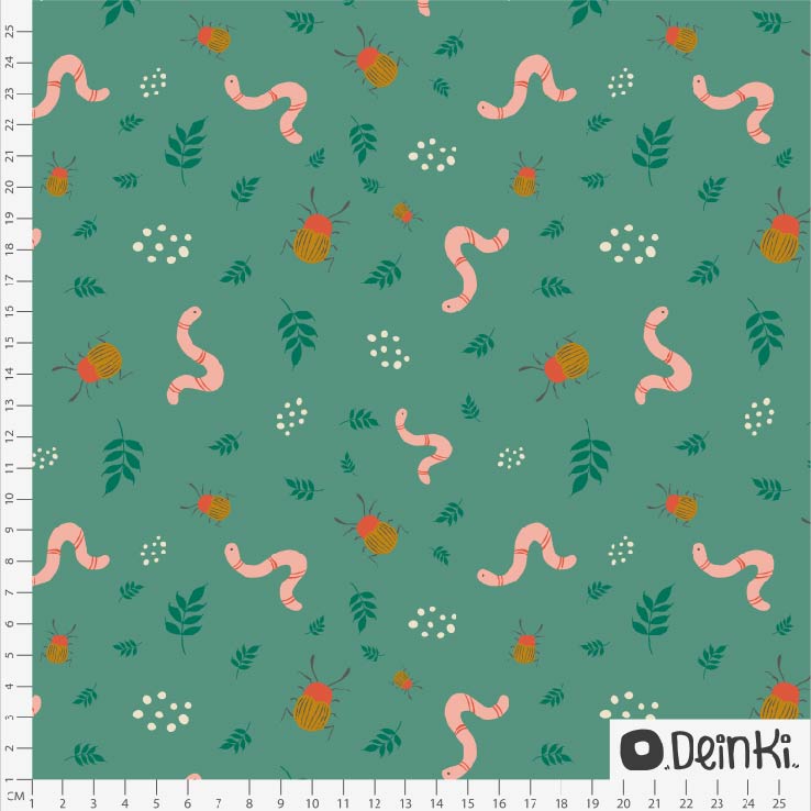 Bio Webware Stoff - Regenwurm und Käfer Grün - Deinki, grün, Tiere, Garten, 100% Bio-Baumwolle Bio Webware Stoff - Regenwurm und Käfer Grün - Deinki, grün, Tiere, Garten, 100% Bio-Baumwolle