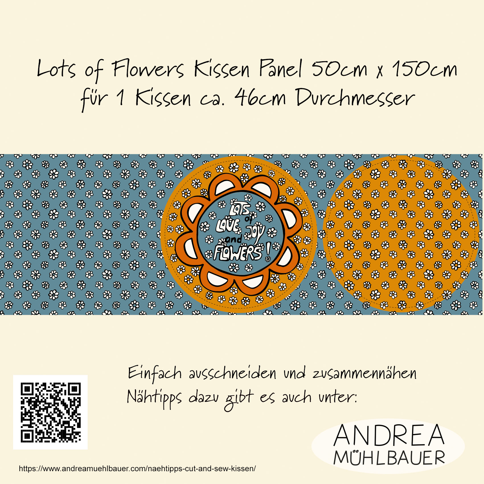 Bio Summersweat Stoff - 50 cm Panel Kissen Lots of Flowers Blau Orange - AndreaMuehlbauer, bunt, Blumen, Cut & Sew Breite 150 cm Bio Summersweat Stoff - 50 cm Panel Kissen Lots of Flowers Blau Orange - AndreaMuehlbauer, bunt, Blumen, Cut & Sew Breite 150 cm