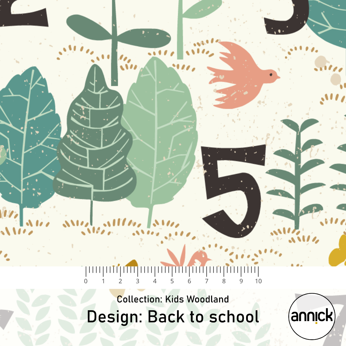 Bio Webware Stoff  -  Kids Woodland School  - Annick, Wald, creme, Buchstaben & Zahlen, 100% Bio-Baumwolle