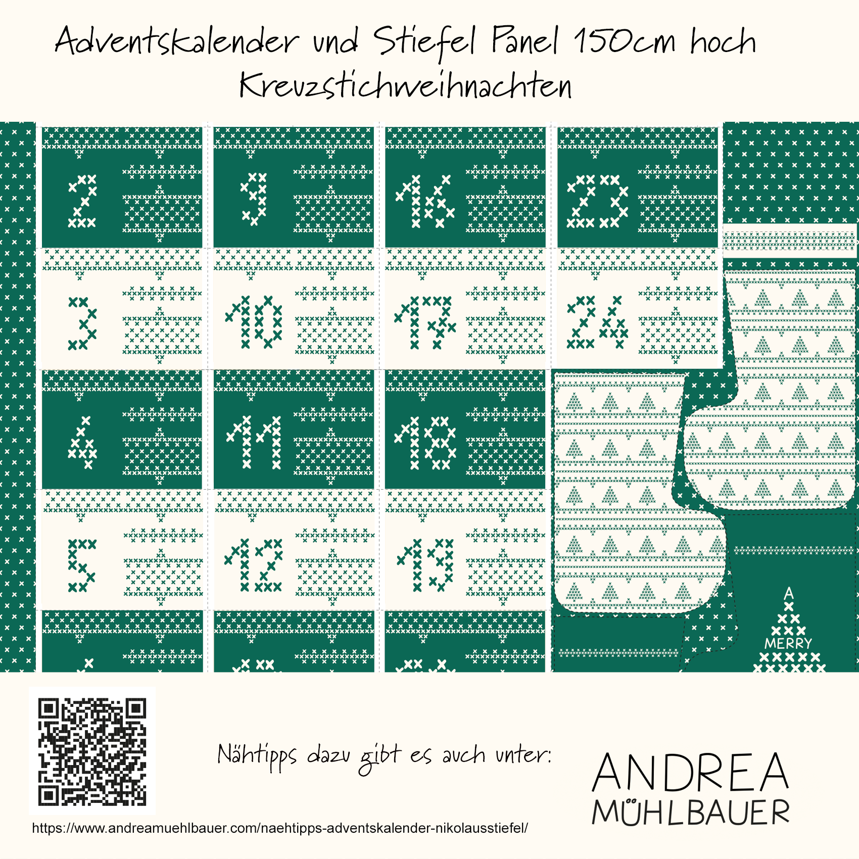 Bio Stoff - 1,5 m Panel Adventskalender Stiefel Kreuzstich Gruen von Andrea Muehlbauer in grün