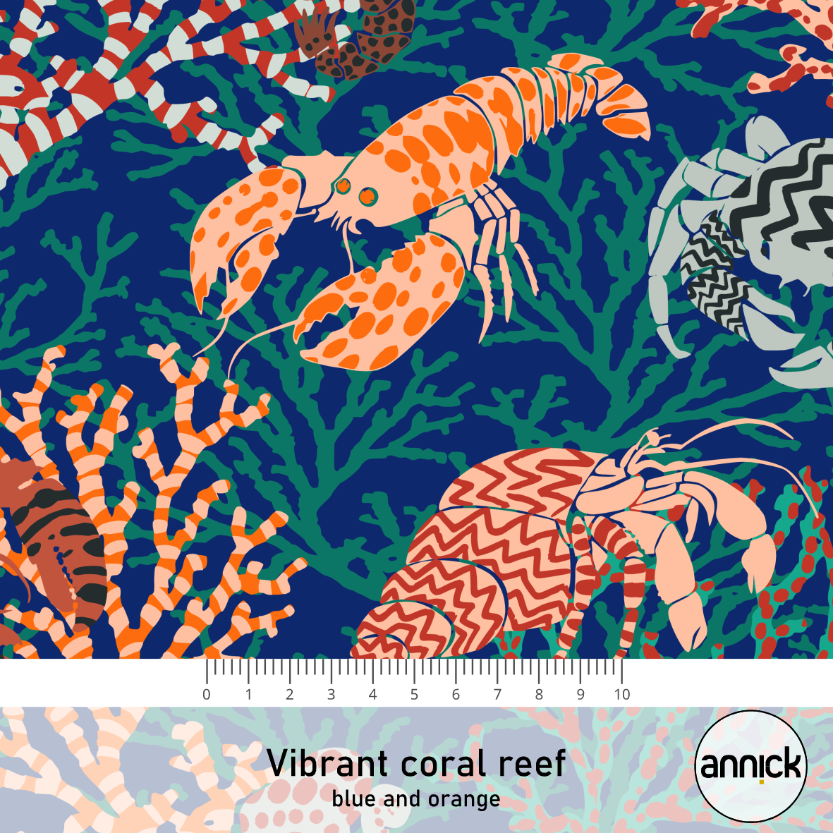Bio Fabric - Vibrant Coral Reef Blue and Orange by Annick in blue