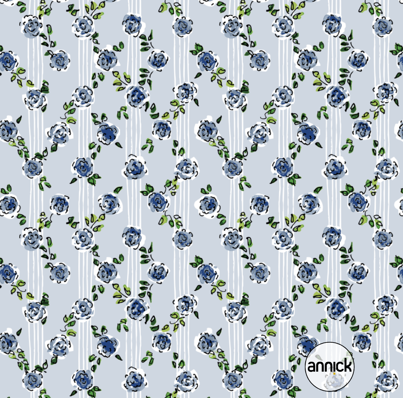 Bio Webware Stoff  - Romantic Cottage Roses Diagonal - Annick, blau, Floral & Blumen, 100% Bio-Baumwolle