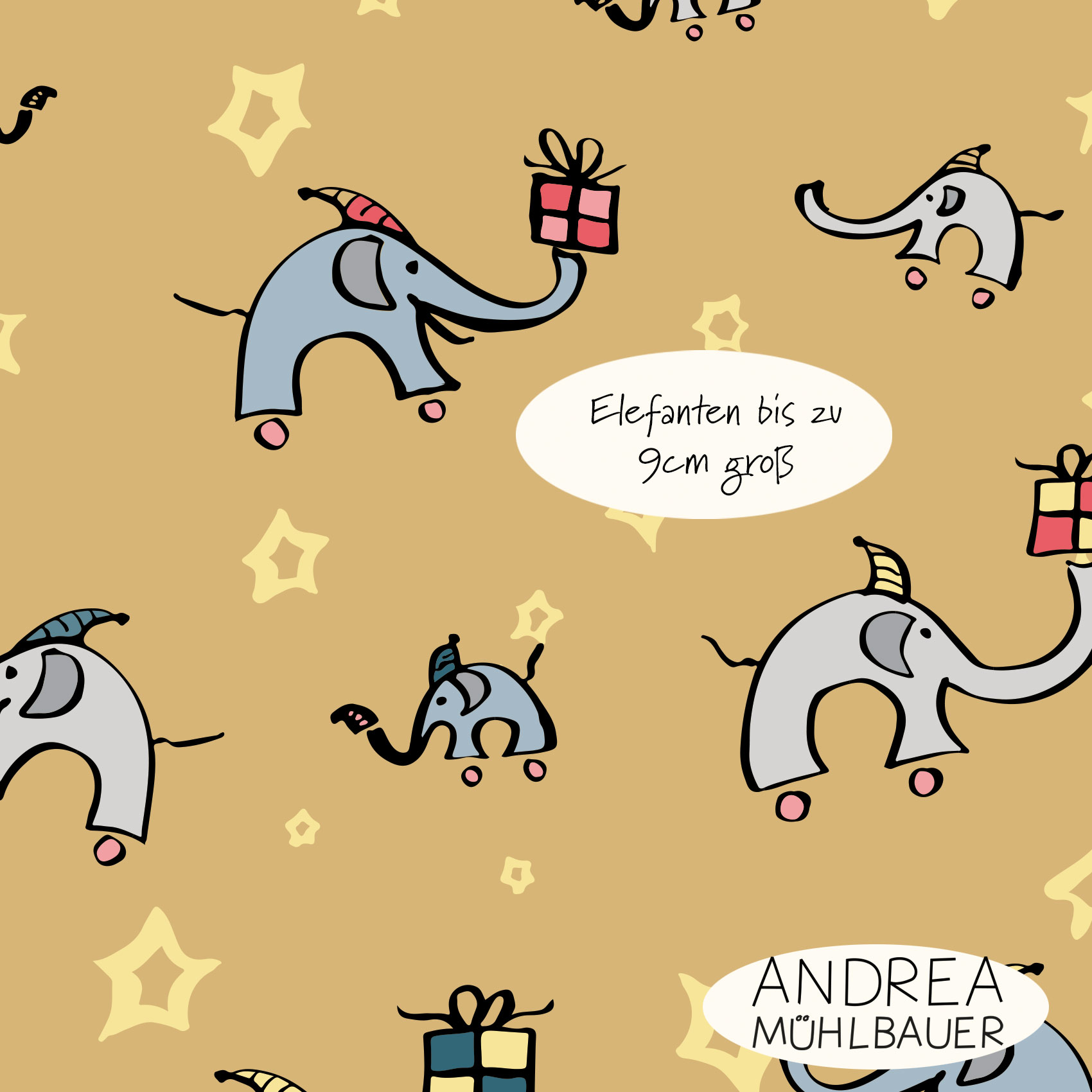 Bio Webware Stoff  - Christmas Elephants and Stars on Honey - AndreaMuehlbauer, Tiere, Weihnachten, gelb, 100% Bio-Baumwolle