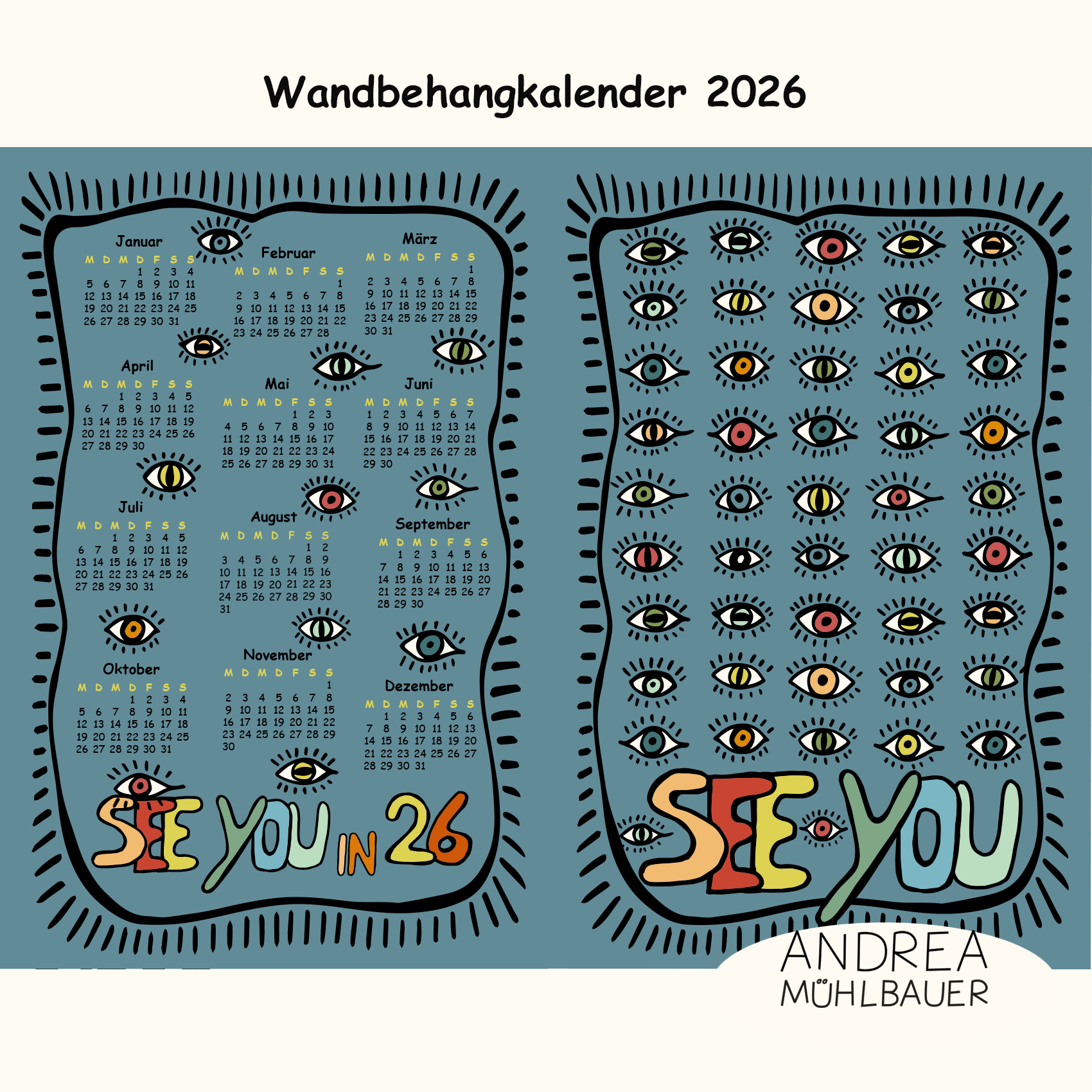 Bio Stoff - 50 cm Panel See You Kalender26 von Andrea Muehlbauer in blau