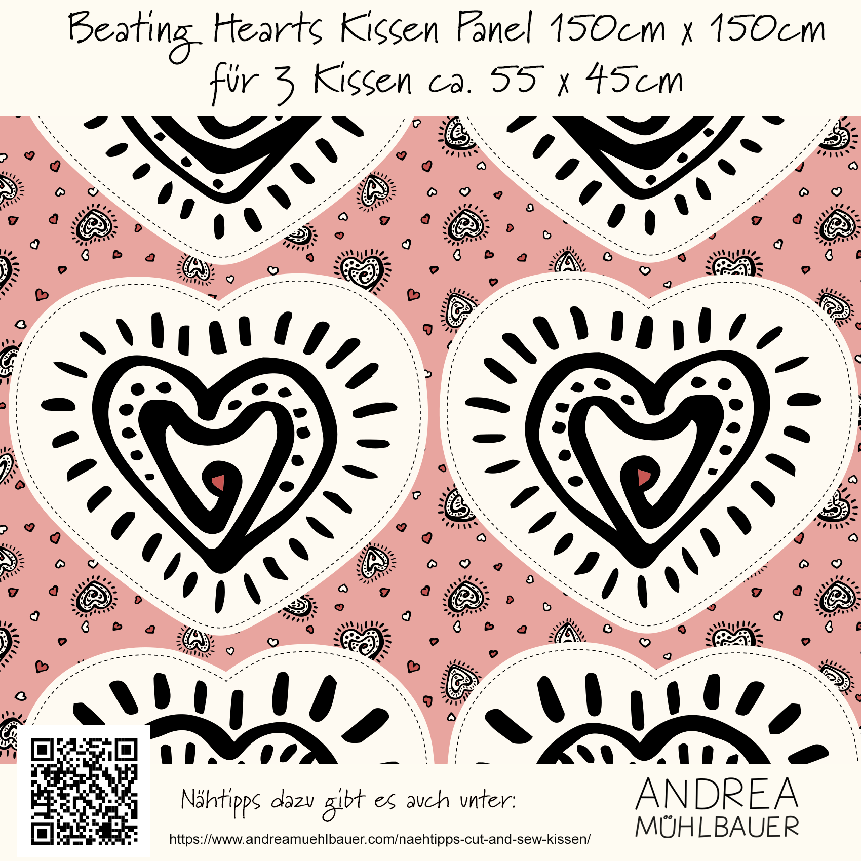 Bio Stoff  - Beating Hearts Kissen 150cm Panel creme