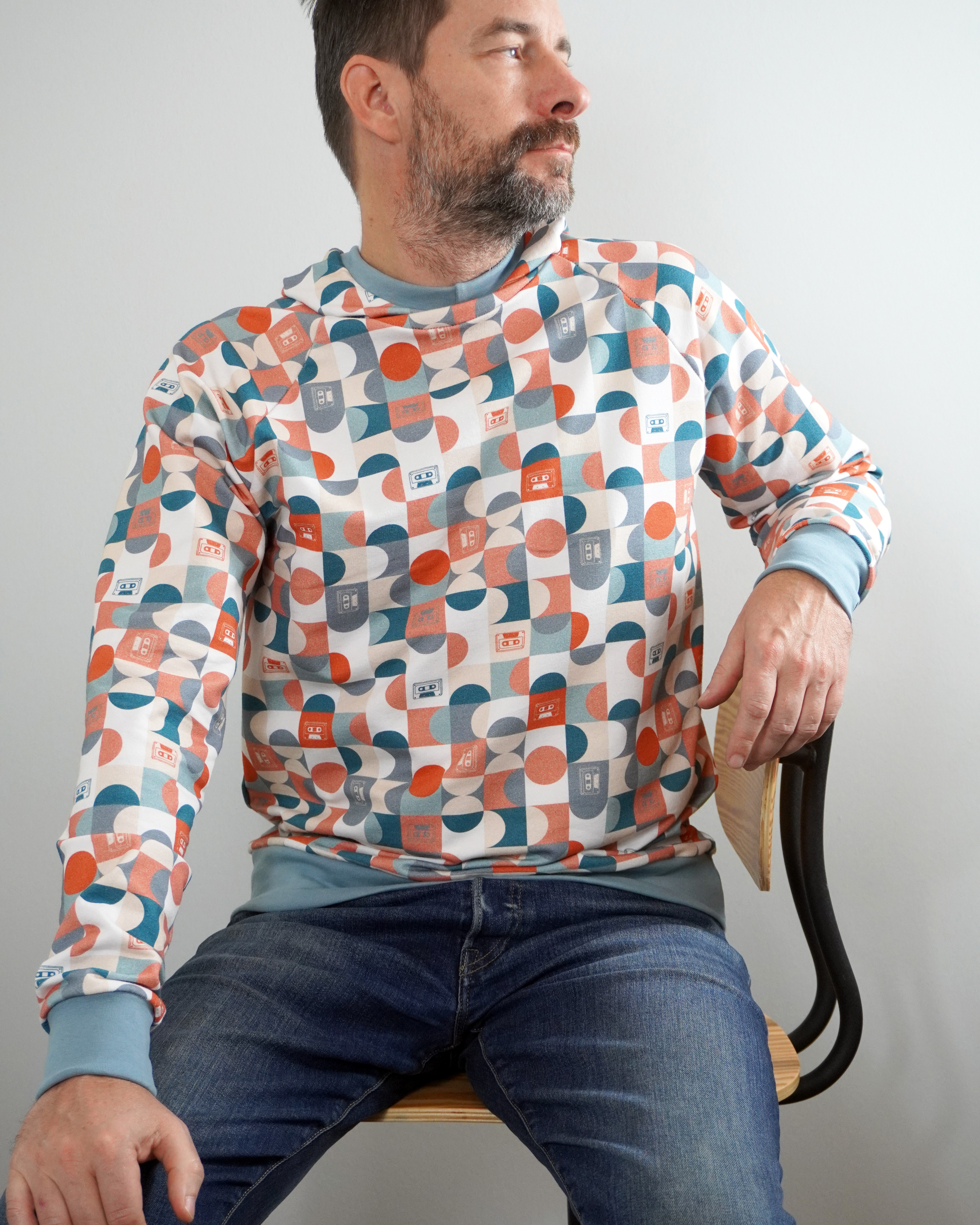 Bio Stoff - Retroscholle Grid mint, rot und beige