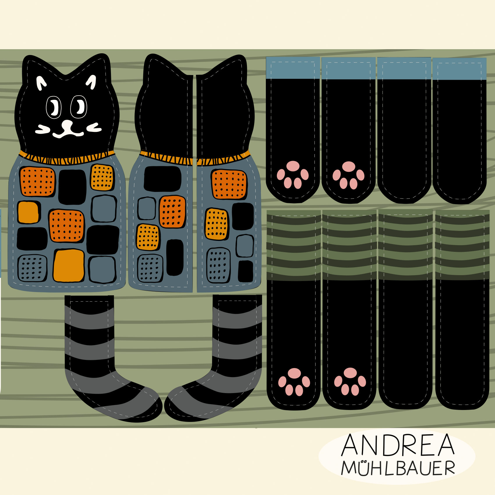 Organic Fabric - Cat Doll Black White by Andrea Muehlbauer in black