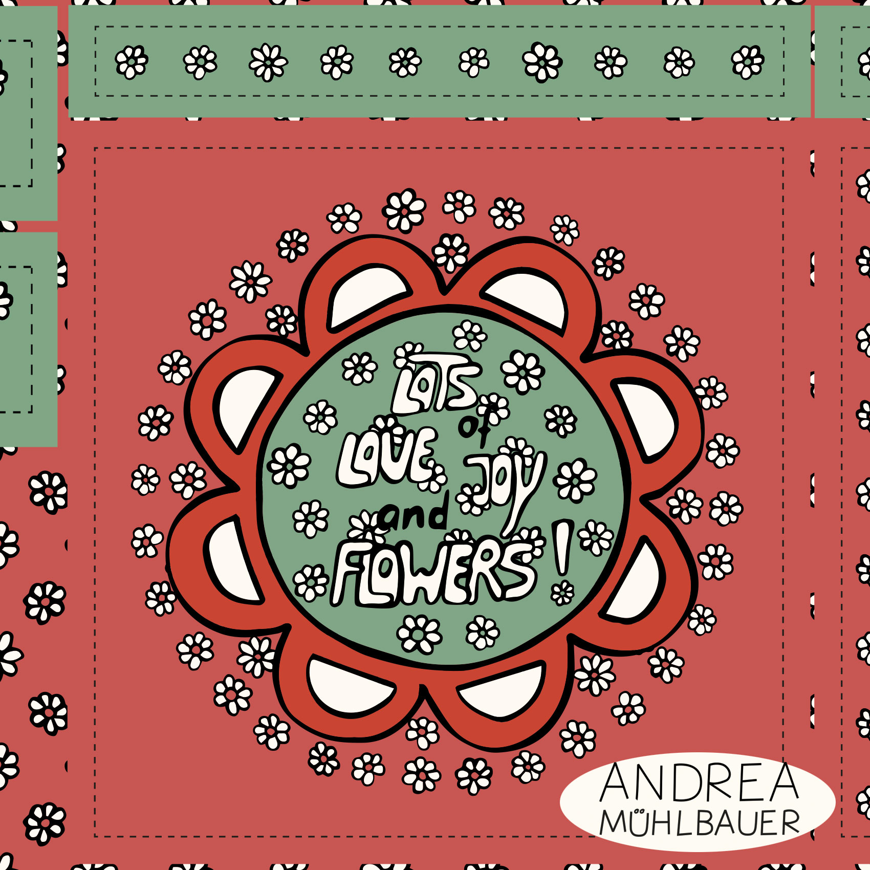 Bio Stoff  - 50 cm Panel Tasche Lots of Flowers Grün Rot - AndreaMuehlbauer, bunt, Blumen, Cut & Sew 