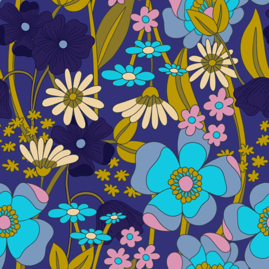 Bio Stoff  -  Flauers  - Fummelhummel, Floral & Blumen, blau, senf