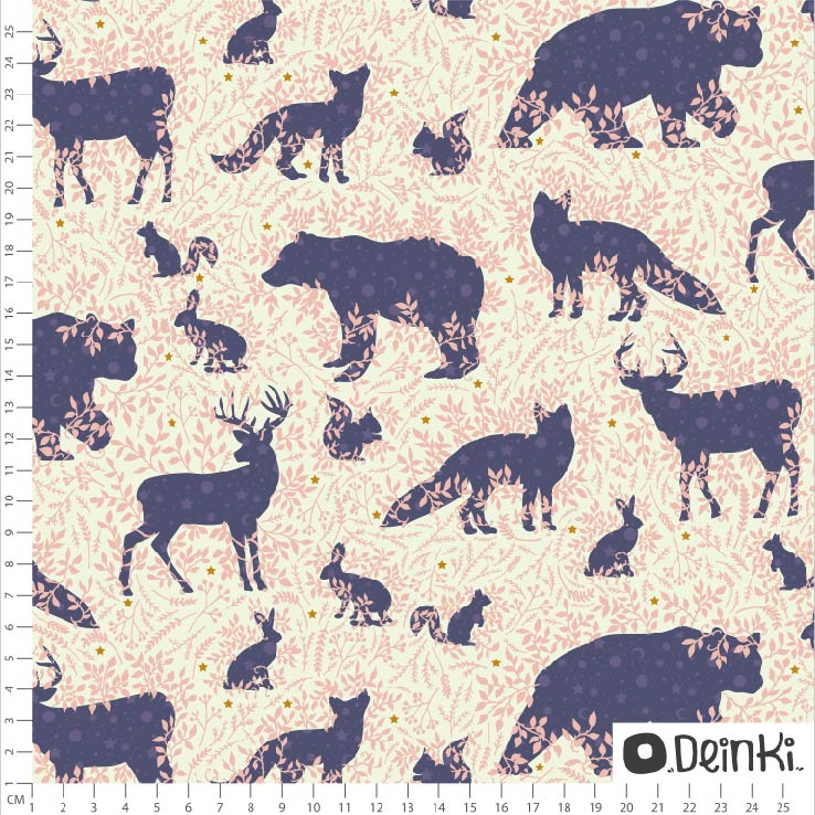 Bio Stoff  - Waldtiere Weiss Rosa - Deinki, rosa, Tiere, Sterne