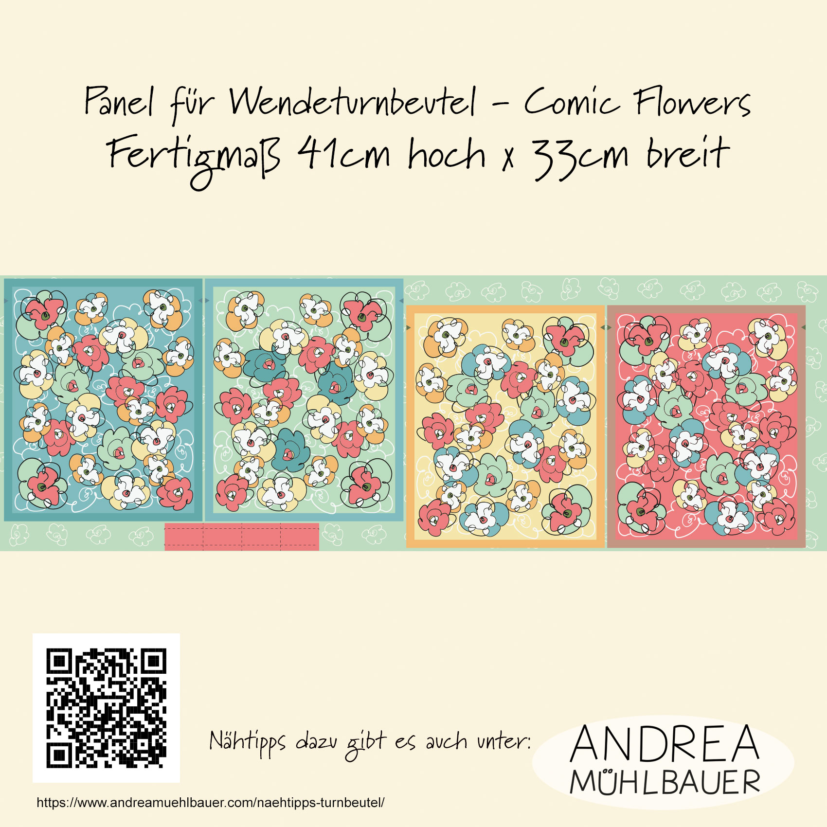 Bio Stoff - 50 cm Panel Comicflowers Wendeturnbeutel von Andrea Muehlbauer in bunt Bio Stoff - 50 cm Panel Comicflowers Wendeturnbeutel von Andrea Muehlbauer in bunt