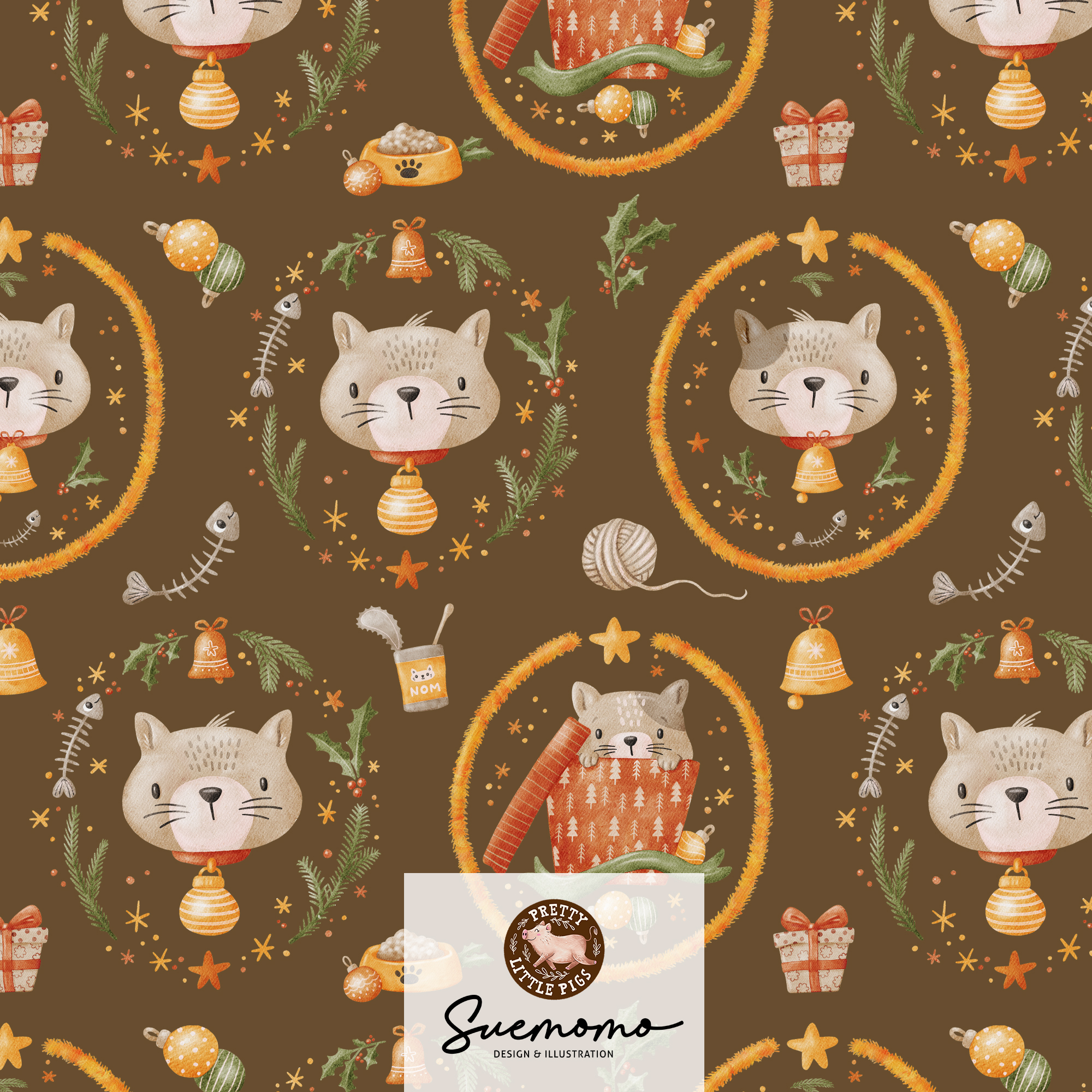 Bio Webware Stoff  -  Meowy Christmas Vignette Schoko  - PrettyLittlePigs, Tiere, braun, 100% Bio-Baumwolle