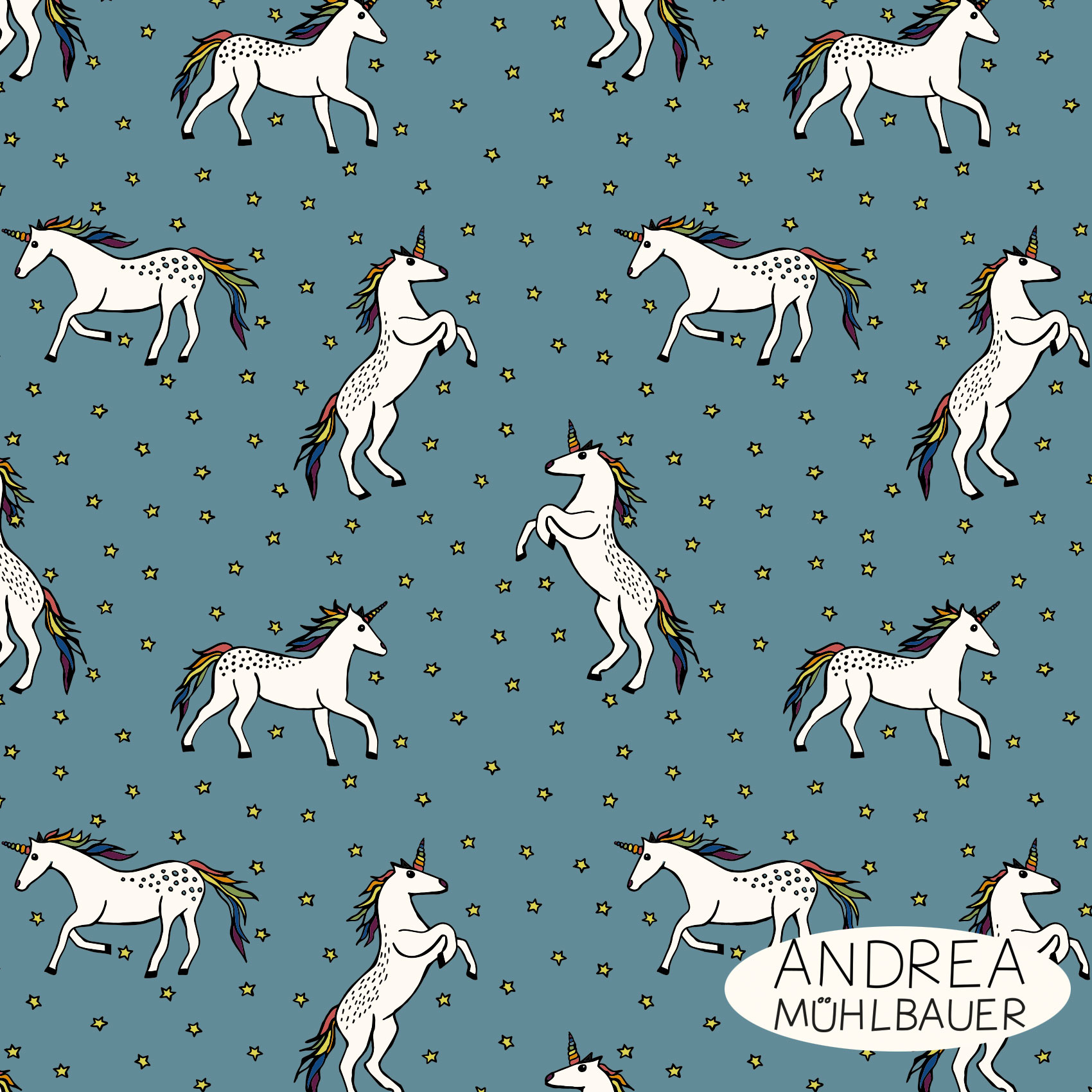 Bio Webware Stoff  -  Einhörner Middle Blue  - AndreaMuehlbauer, blau, Tiere, Fantasy, 100% Bio-Baumwolle