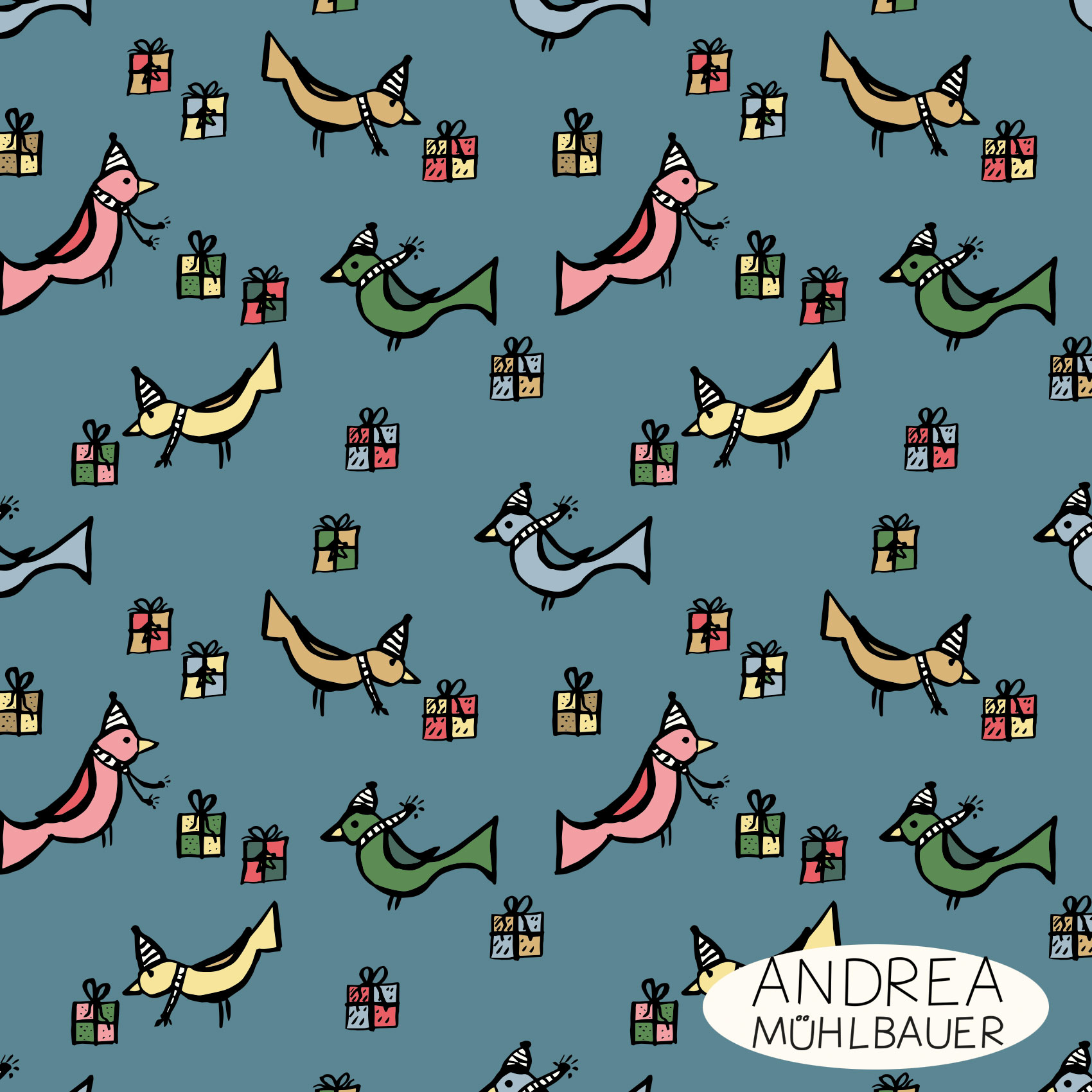 Bio Webware Stoff - Christmas Birds and Gifts on blue - AndreaMuehlbauer, Tiere, Weihnachten, blau, 100% Bio-Baumwolle Bio Webware Stoff - Christmas Birds and Gifts on blue - AndreaMuehlbauer, Tiere, Weihnachten, blau, 100% Bio-Baumwolle