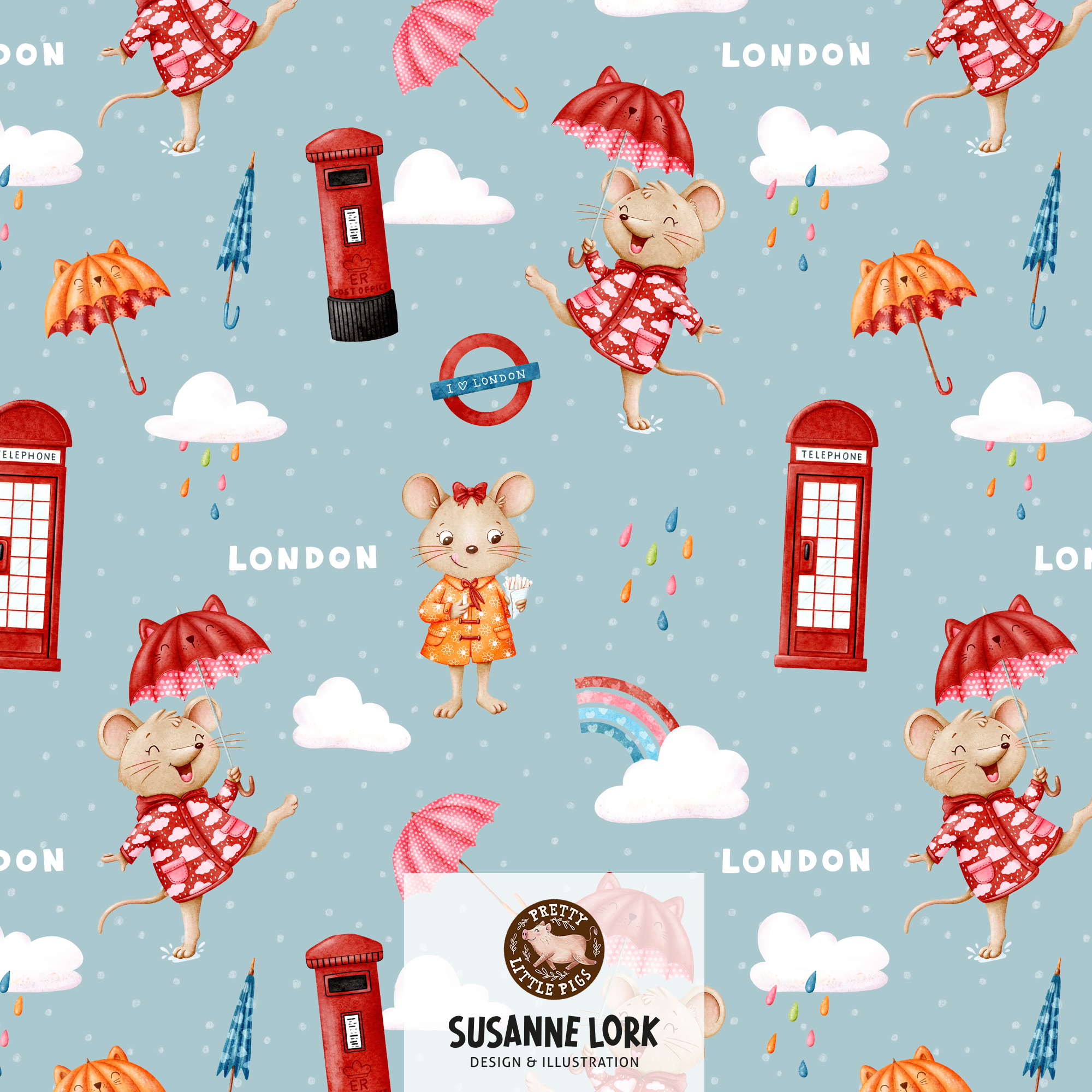 Bio Stoff - Hello London Rainy Day Hellblau von Pretty Little Pigs in blau