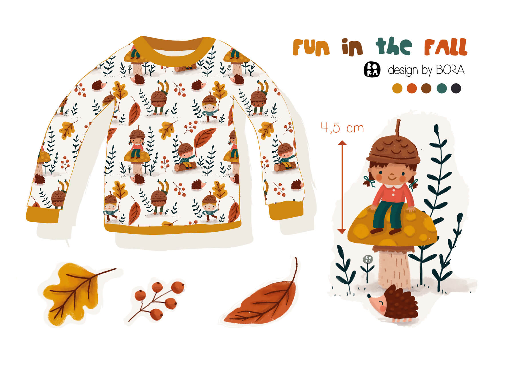 Bio Webware Stoff  -  Fun In The Fall  - Bora, Tiere, creme, Blätter & Ranken, 100% Bio-Baumwolle