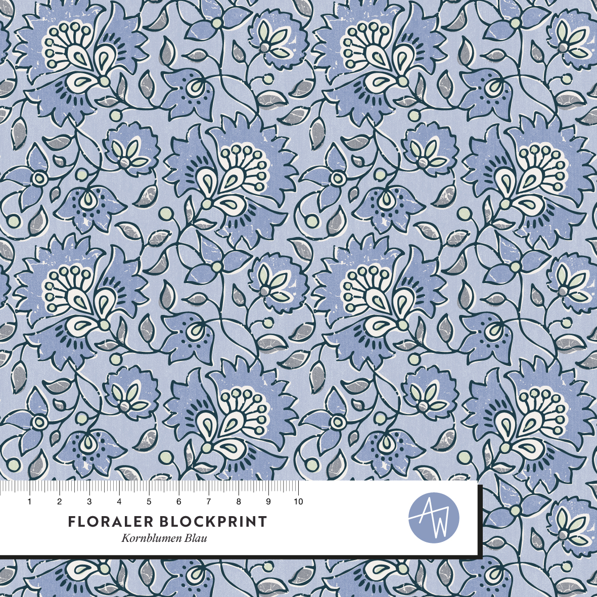 Organic Fabric - Floral Blockprint Cornflowers Blue by Alexandra Weise in blue