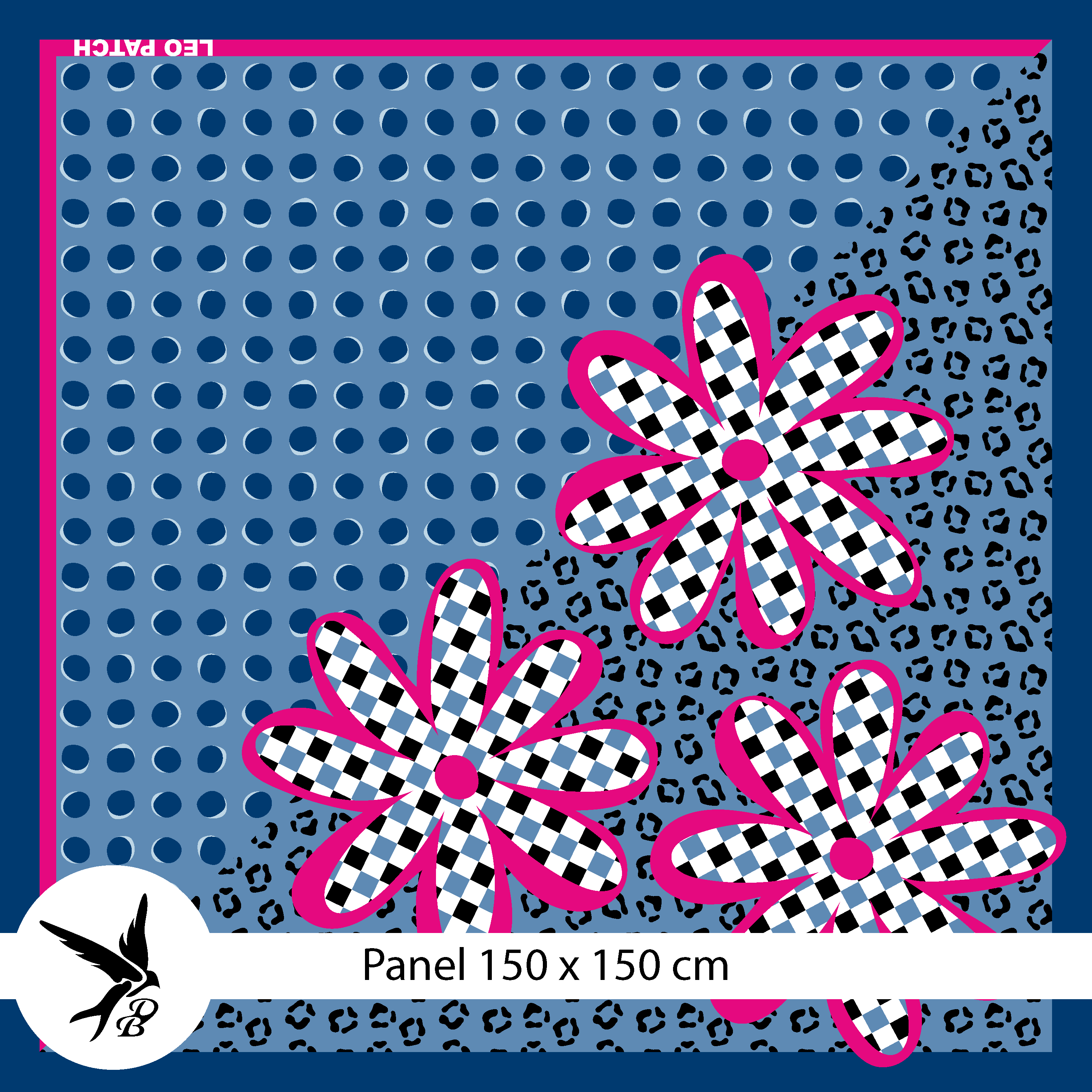 Organic Fabric - Leo Patch Panel Blue Pink by Daniela Bonn in blue