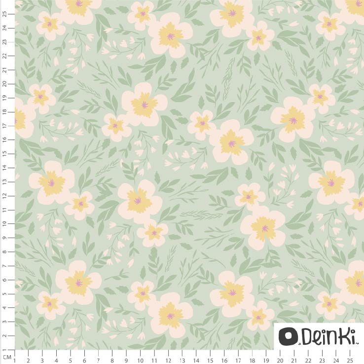 Bio Stoff  - Pastellblumen Eins Grün Weiss - Deinki, bunt, Blumen