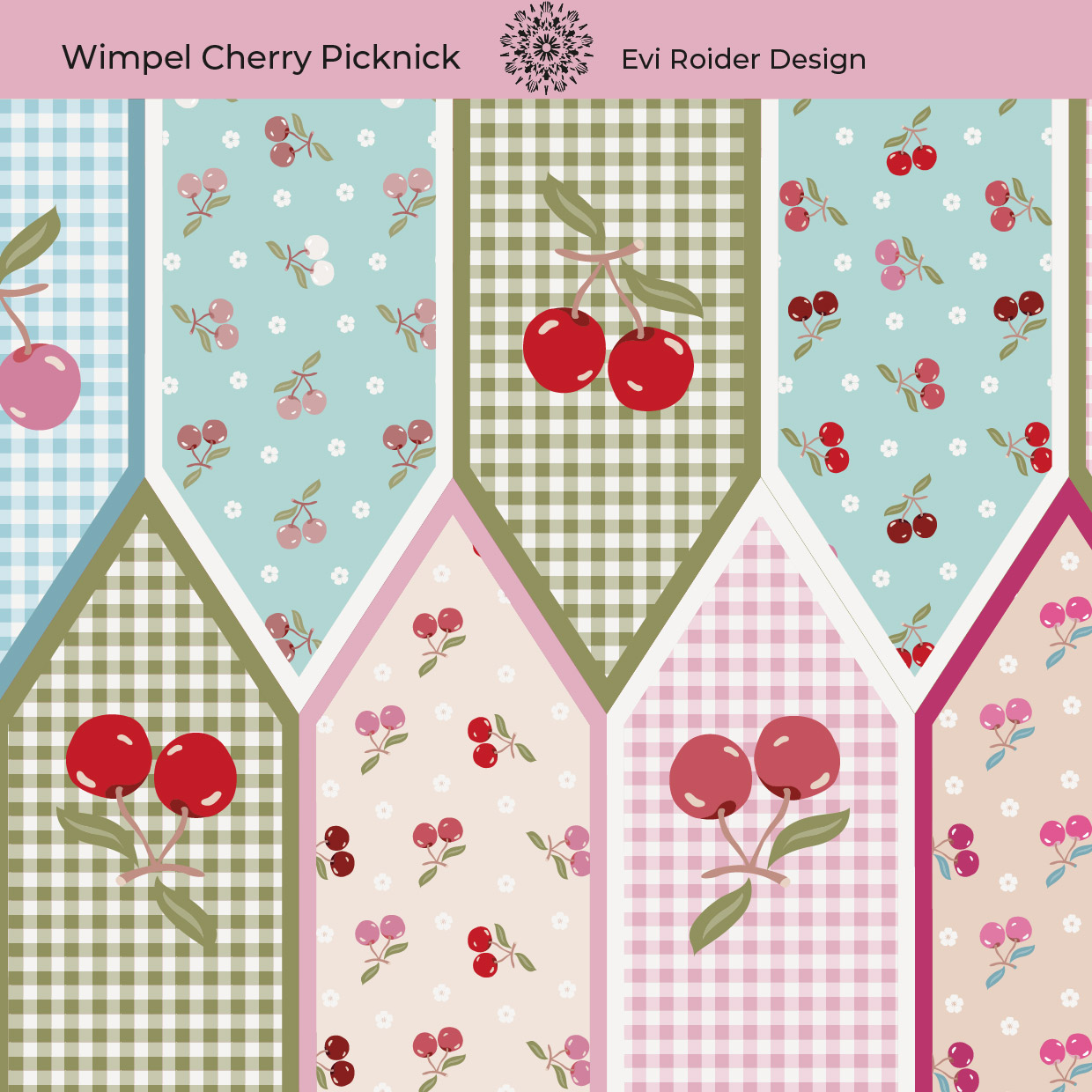 Bio Stoff - Wimpel Cherry Picknick von Evi Roider in rosa